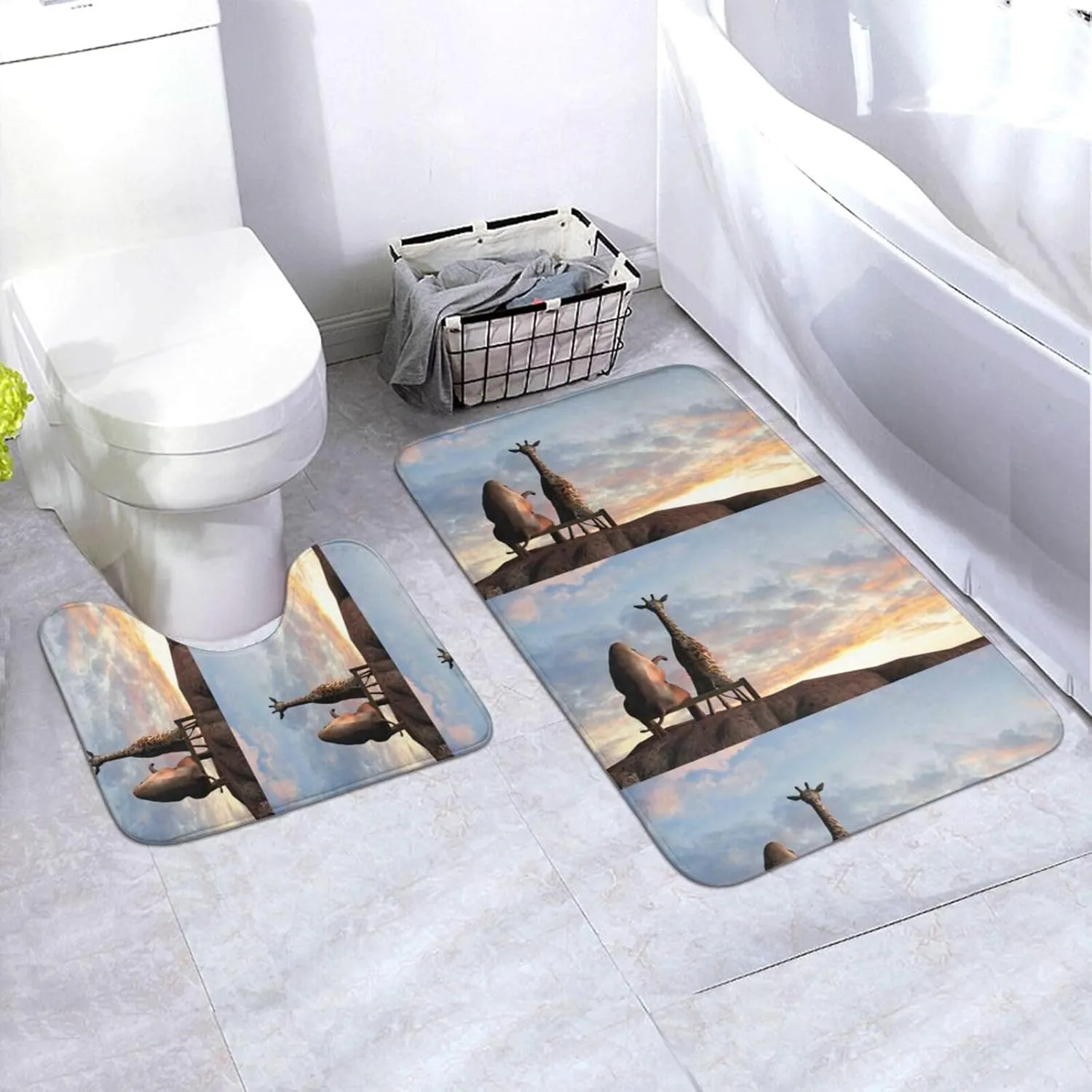 Elephant Giraffe On A Mountain Top Sunset Memory Foam Bathroom Rugs Sets 2 Piece Soft Absorbent Bath Mats Set 35.4"x24" Bath Mat Rug and U-Shaped Toilet Base Mat for Bathroom