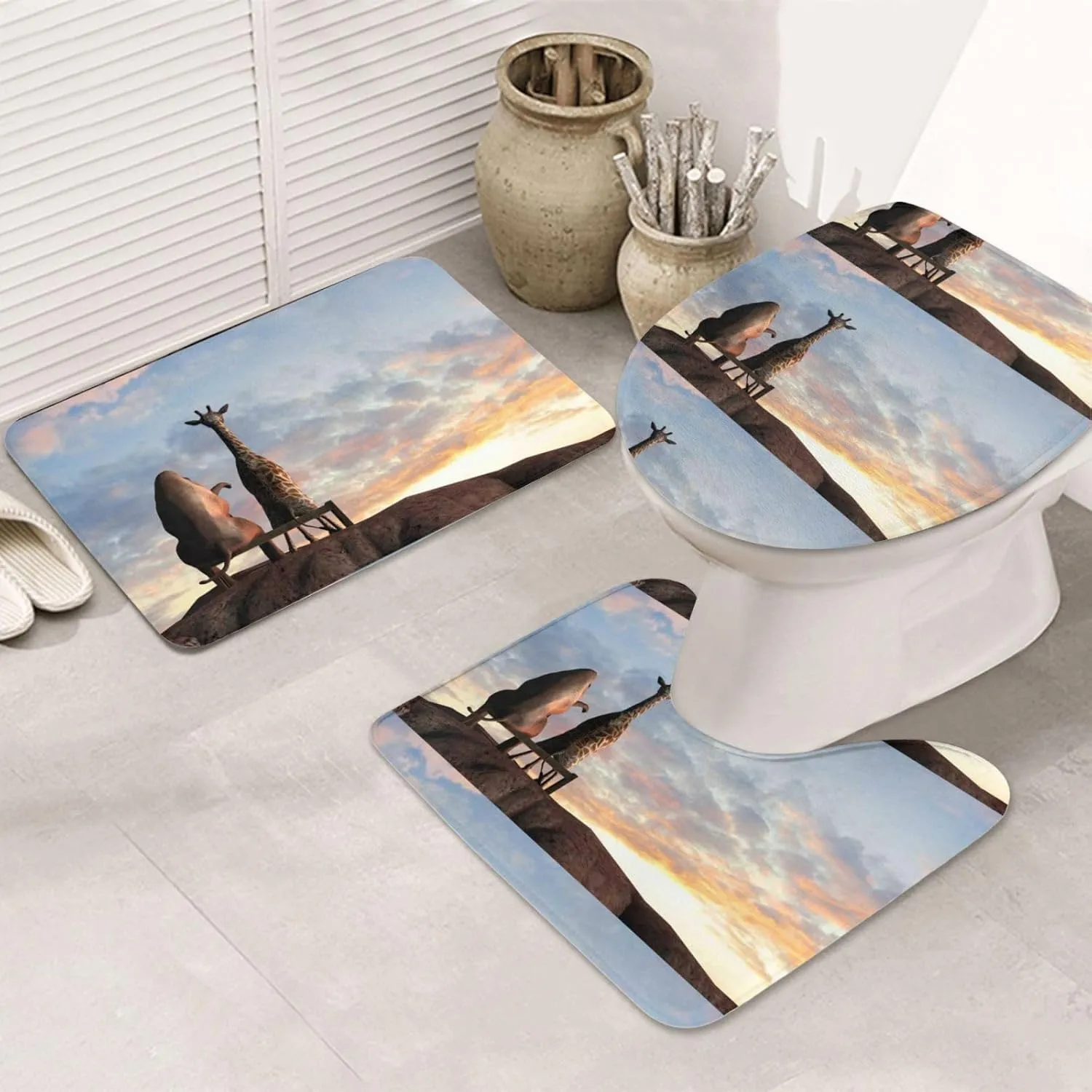 Elephant Giraffe On A Mountain Top Sunset Memory Foam Bathroom Rugs Sets 3 Piece 31.5x19.7in Non-Slip & PVC Backing Bathroom Mat Set Washable Quick Dry Bathroom Rug