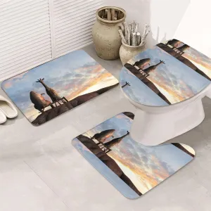Elephant Giraffe On A Mountain Top Sunset Memory Foam Bathroom Rugs Sets 3 Piece 31.5x19.7in Non-Slip & PVC Backing Bathroom Mat Set Washable Quick Dry Bathroom Rug