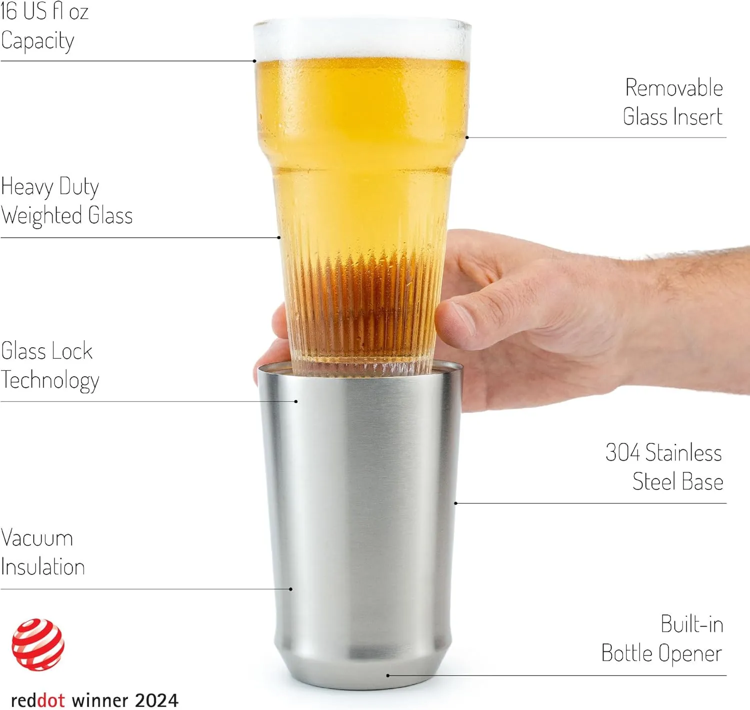 Elevated Craft Hybrid Vacuum Insulated Stainless Steel Base with Removable Pint Glass Insert, Ideal Insulation for Beers & Cold Beverages with Built-in Bottle Opener, Durable & Stylish, Steel (16 oz)