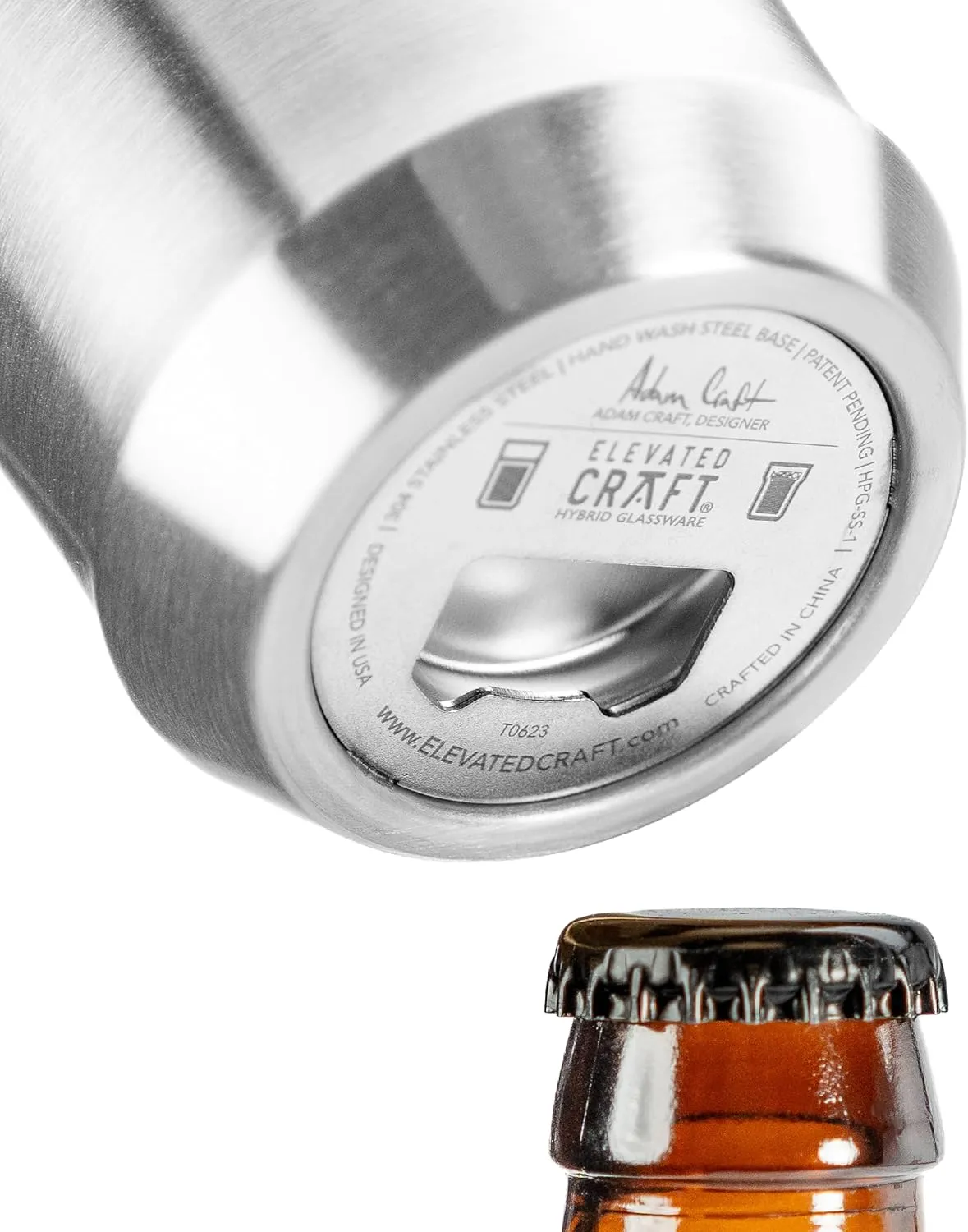 Elevated Craft Hybrid Vacuum Insulated Stainless Steel Base with Removable Pint Glass Insert, Ideal Insulation for Beers & Cold Beverages with Built-in Bottle Opener, Durable & Stylish, Steel (16 oz)