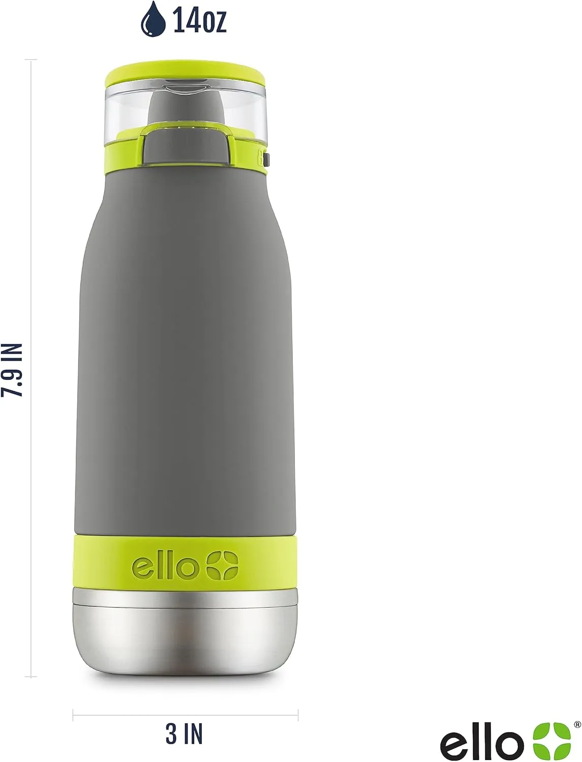 Ello Emma 14oz Vacuum Insulated Stainless Steel Kids Water Bottle with Straw and Built-in Carrying Handle and Leak-Proof Locking Lid for School Backpack, Lunchbox and Outdoor Sports, Gray