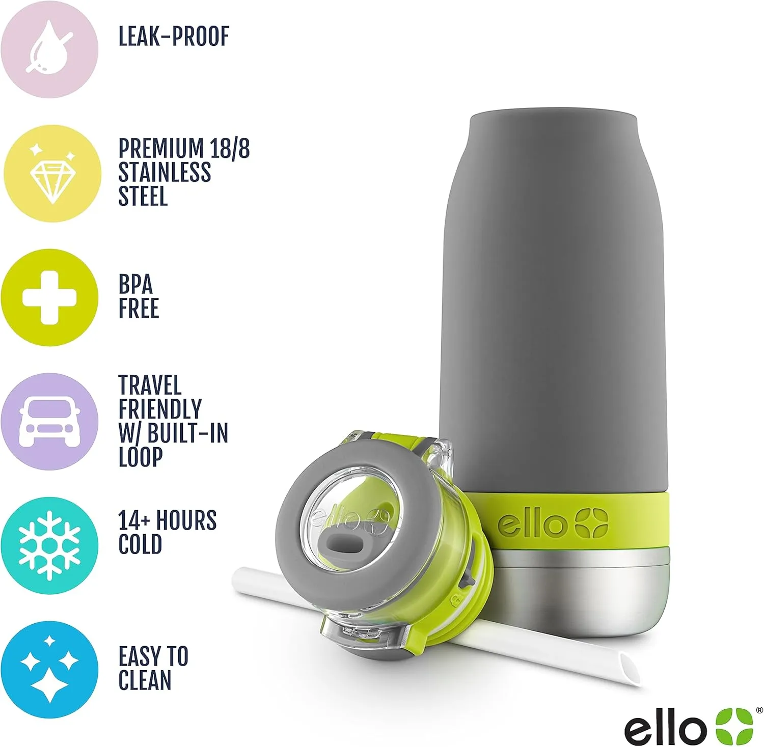 Ello Emma 14oz Vacuum Insulated Stainless Steel Kids Water Bottle with Straw and Built-in Carrying Handle and Leak-Proof Locking Lid for School Backpack, Lunchbox and Outdoor Sports, Gray