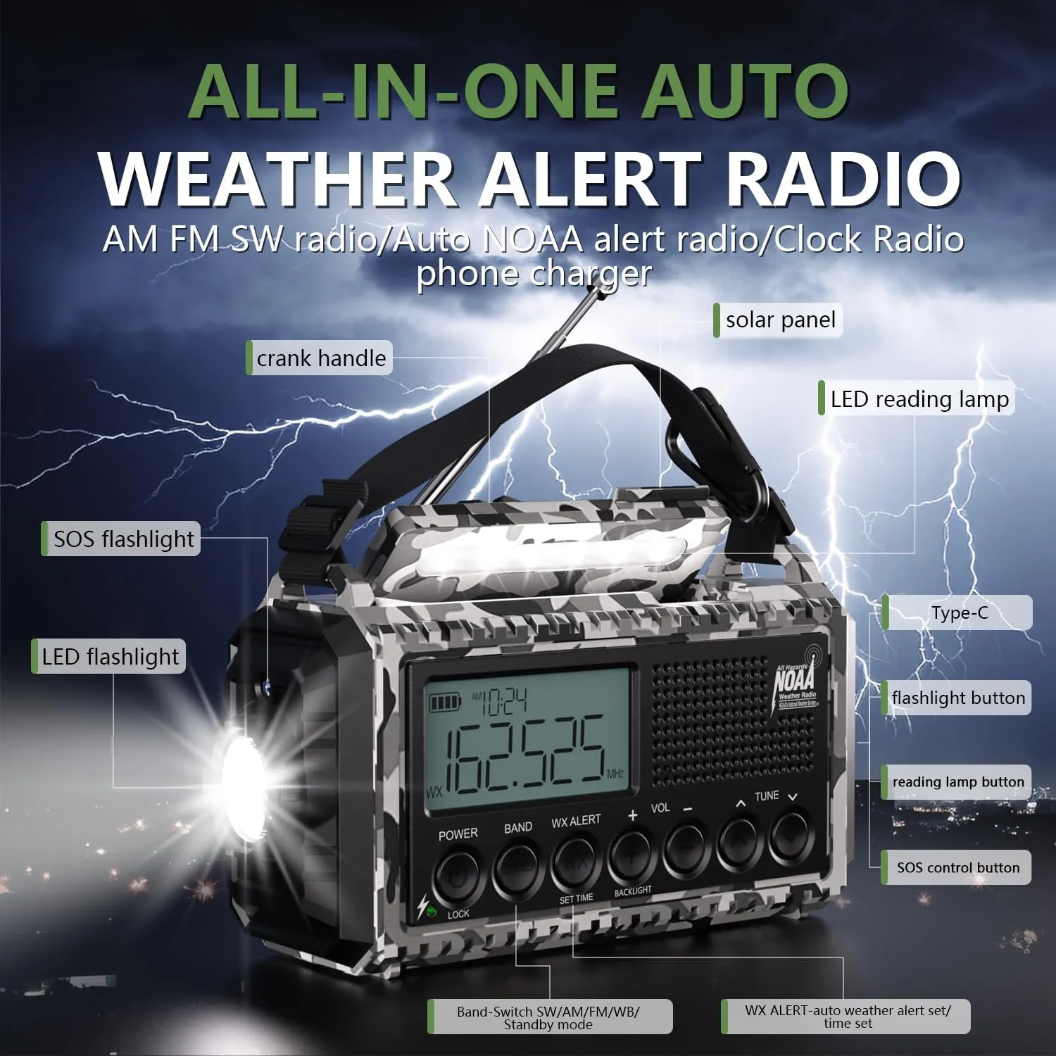 Emergency Radio 12000mAh AUTO NOAA Weather Radio, Solar Hand Crank Portable AM/FM Shortwave Radio with Rechargeable Battery Powered, Flashlight, Reading Lamp, SOS Alarm for Indoor Outdoor Emergencies