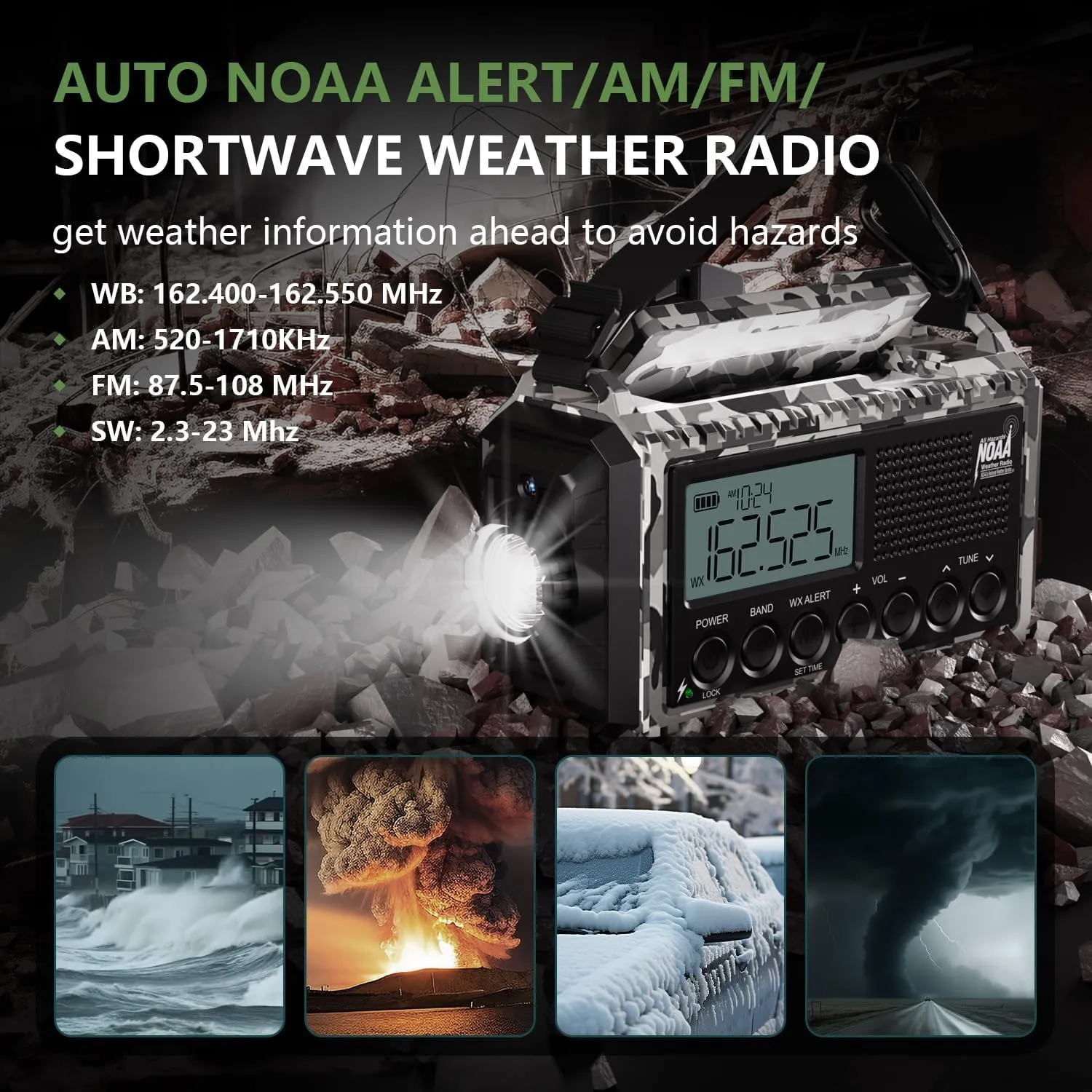 Emergency Radio 12000mAh AUTO NOAA Weather Radio, Solar Hand Crank Portable AM/FM Shortwave Radio with Rechargeable Battery Powered, Flashlight, Reading Lamp, SOS Alarm for Indoor Outdoor Emergencies