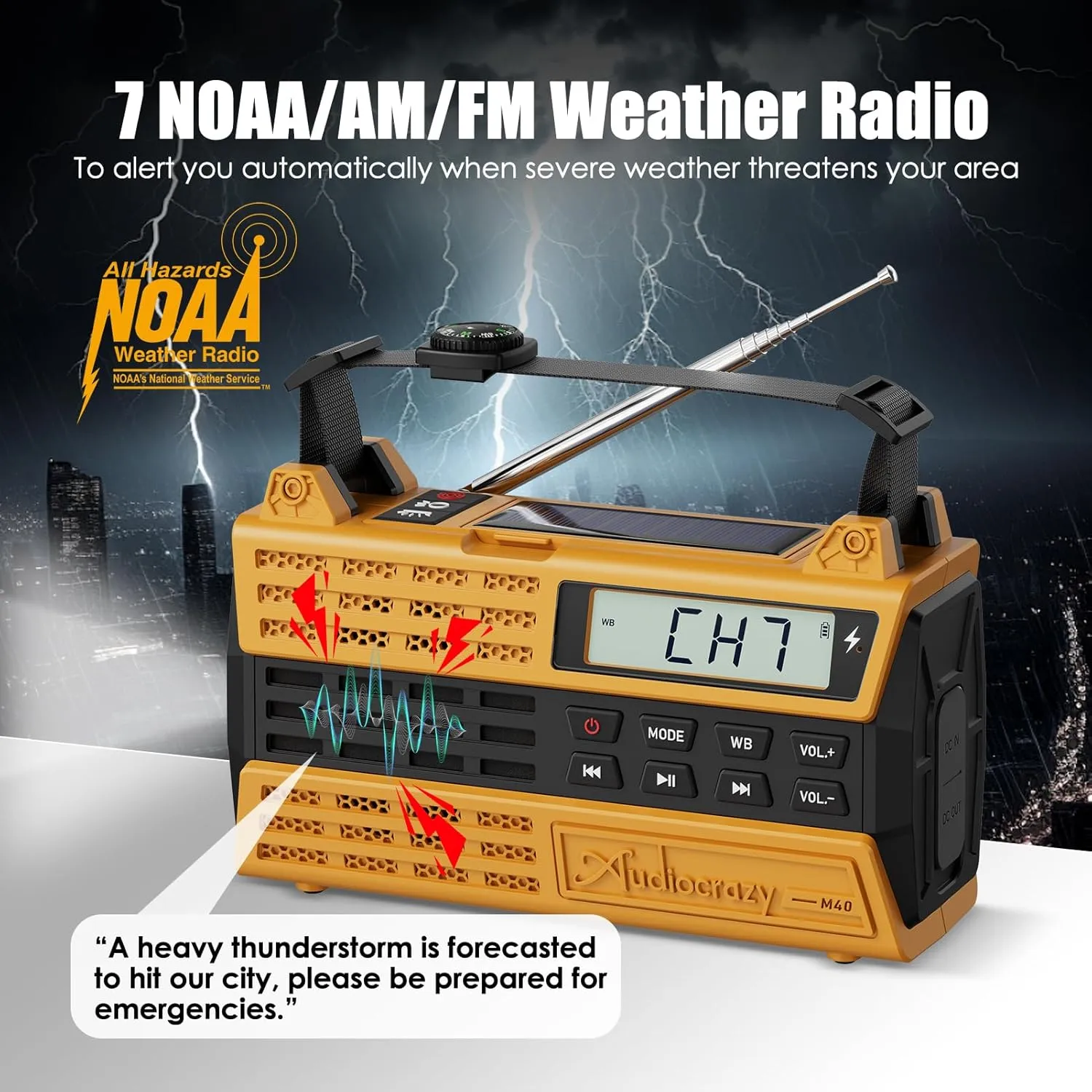Emergency Radio, 5000mAh/18500mWh Solar Hand Crank Weather Radio with NOAA/AM/FM/Bluetooth, Crank Radio Flashlight Cell Phone Charger,Flashlight&SOS for Outdoor/Home Yellow