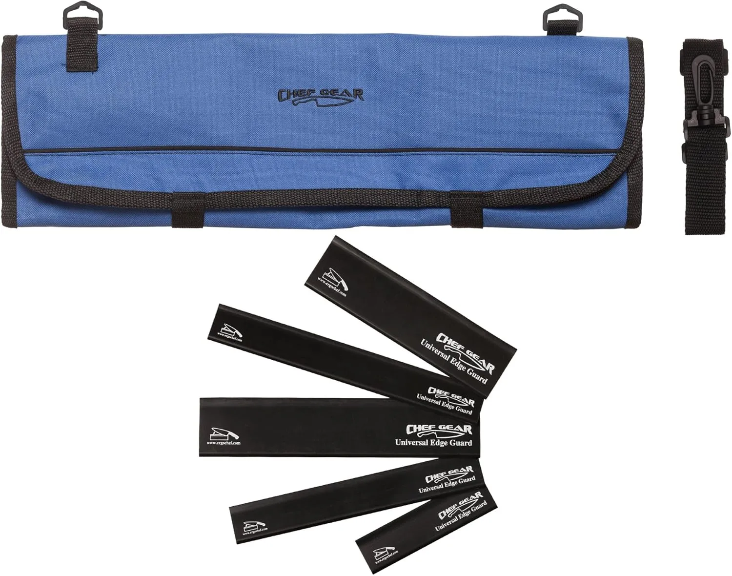 Ergo Chef 8 Pocket Roll Bag for Chef Knives, 1 Large Mesh Pocket for Kitchen Utensils (Blue) with 5pc (Black) Knife Edge Guards & Shoulder Strap