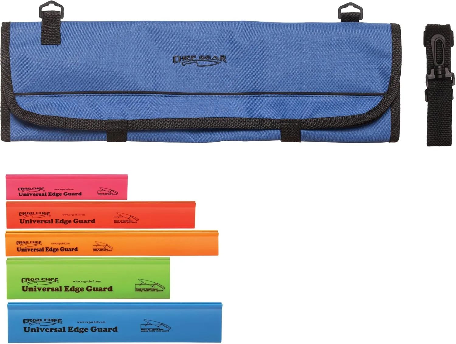 Ergo Chef 8 Pocket Roll Bag for Chef Knives, 1 Large Mesh Pocket for Kitchen Utensils (Blue) with 5pc (Multi-Color) Knife Edge Guards & Shoulder Strap