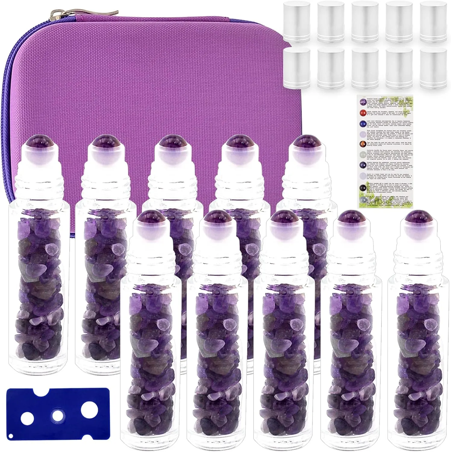 Essential Oil Roller Bottle EVA Carrying Travel Case and 10pcs Essential Oil Gemstone Roller Ball Bottles Frosted Glass Inside 10ml Healing Crystal Chips Feng Shui Roller (Amethyst)