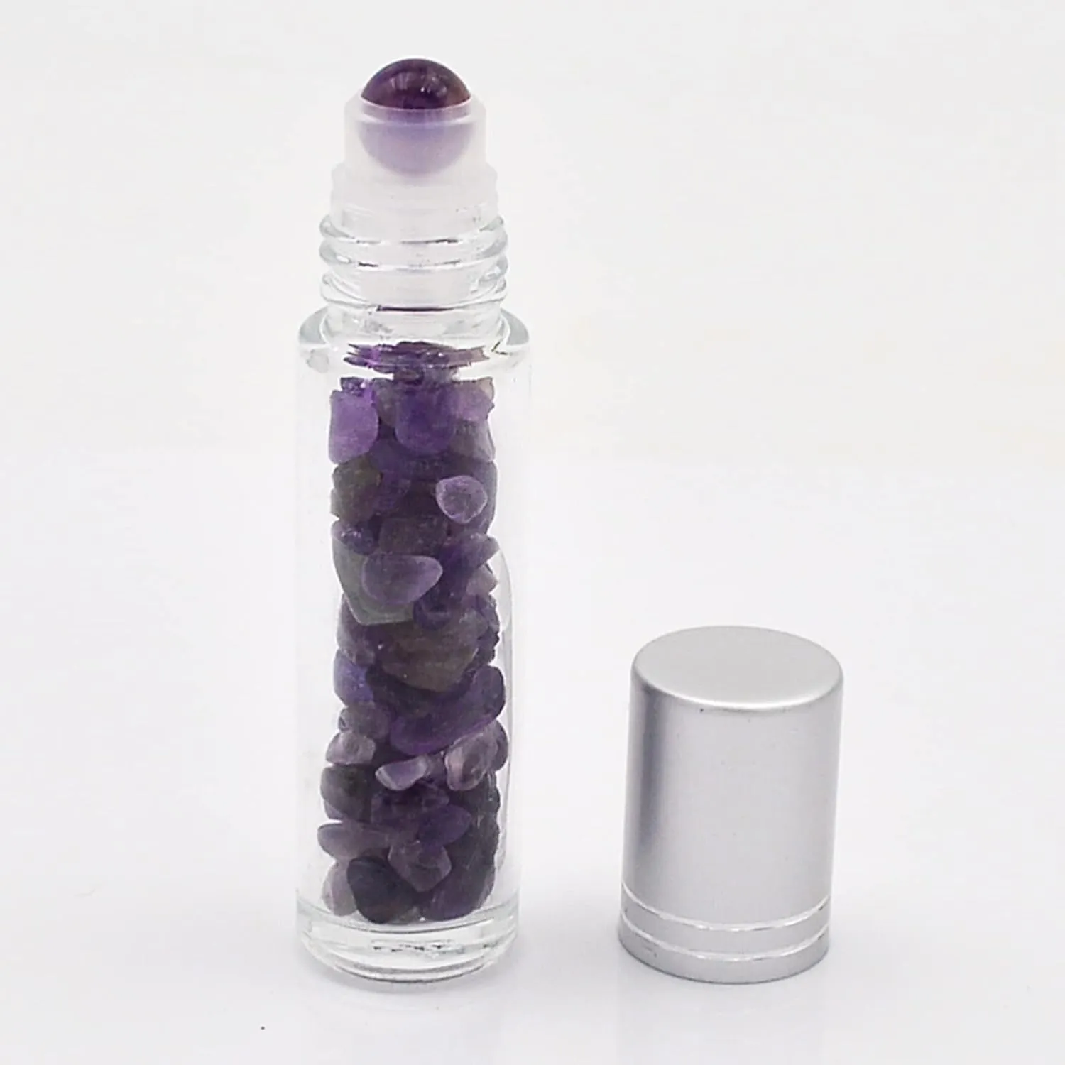 Essential Oil Roller Bottle EVA Carrying Travel Case and 10pcs Essential Oil Gemstone Roller Ball Bottles Frosted Glass Inside 10ml Healing Crystal Chips Feng Shui Roller (Amethyst)