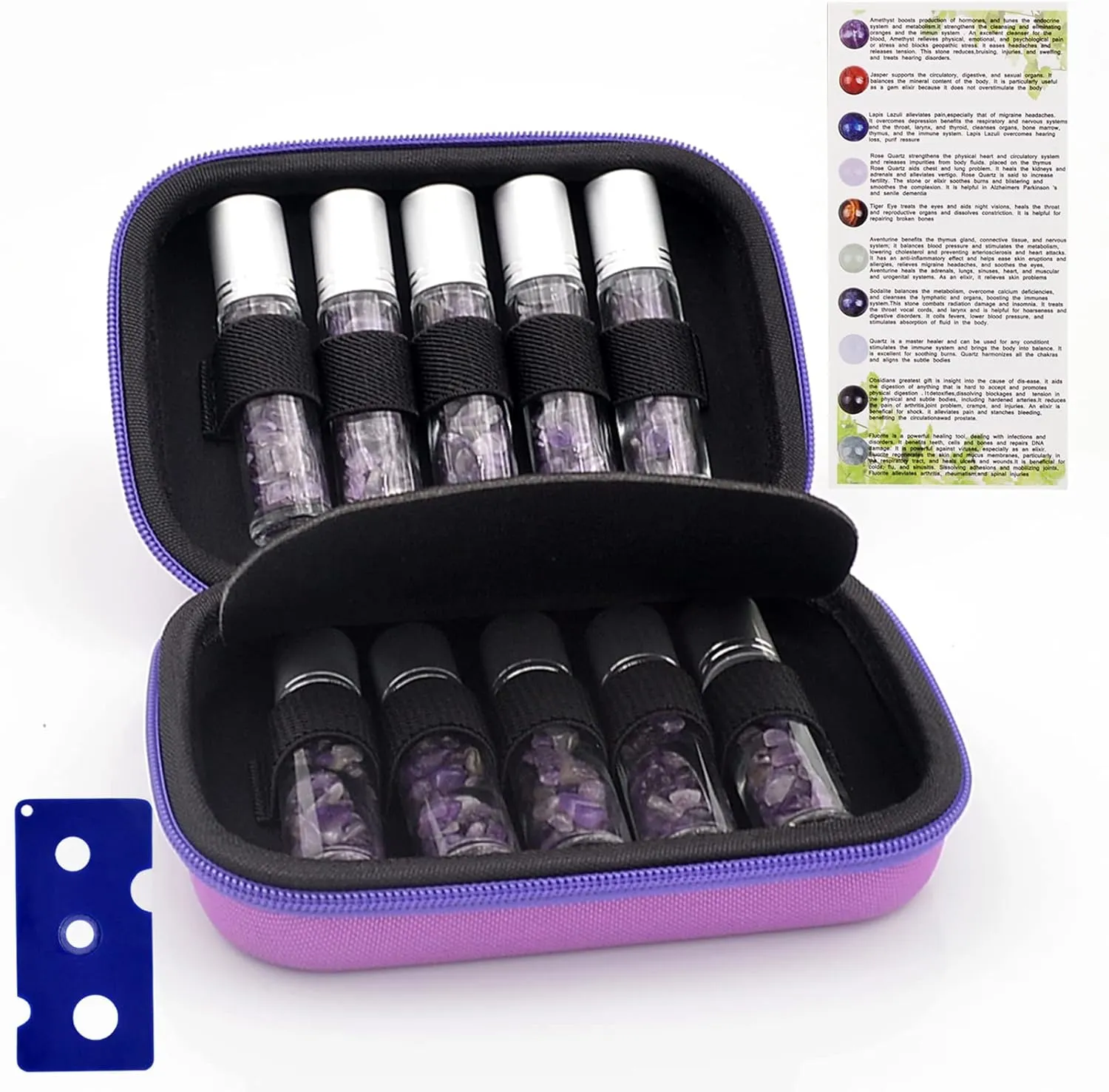 Essential Oil Roller Bottle EVA Carrying Travel Case and 10pcs Essential Oil Gemstone Roller Ball Bottles Frosted Glass Inside 10ml Healing Crystal Chips Feng Shui Roller (Amethyst)
