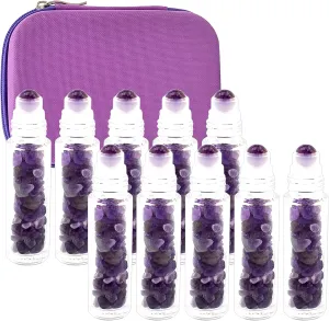 Essential Oil Roller Bottle EVA Carrying Travel Case and 10pcs Essential Oil Gemstone Roller Ball Bottles Frosted Glass Inside 10ml Healing Crystal Chips Feng Shui Roller (Amethyst)