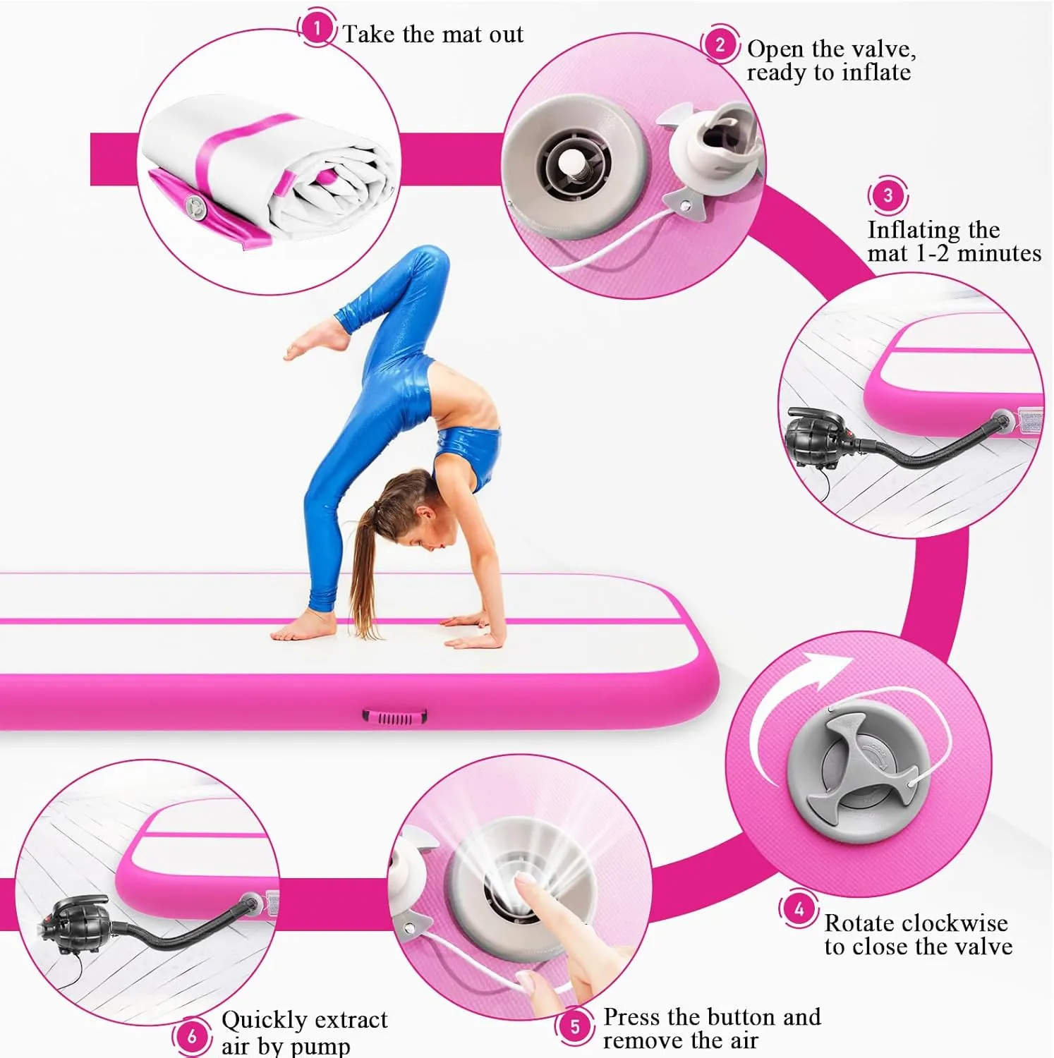 Estgora Tumble Track Mats For Gymnastics 20ft 16ft 13ft 10ft 6.6ft Gymnastics Mat For Tumbling 4/8 Inch Thick Inflatable Air Tumbling Matts For kids Home Use Pool Cheerleading with 600W Electric Pump