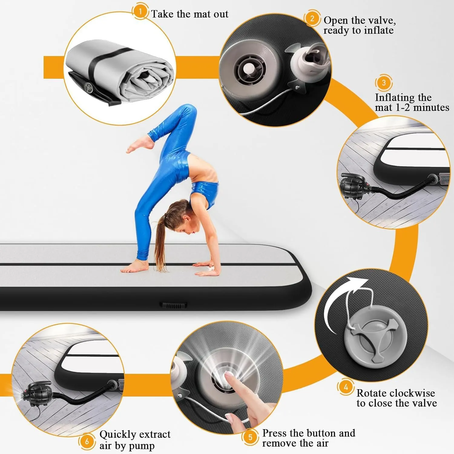 Estgora Tumble Track Mats For Gymnastics 20ft 16ft 13ft 10ft 6.6ft Gymnastics Mat For Tumbling 4/8 Inch Thick Inflatable Air Tumbling Matts For kids Home Use Pool Cheerleading with 600W Electric Pump
