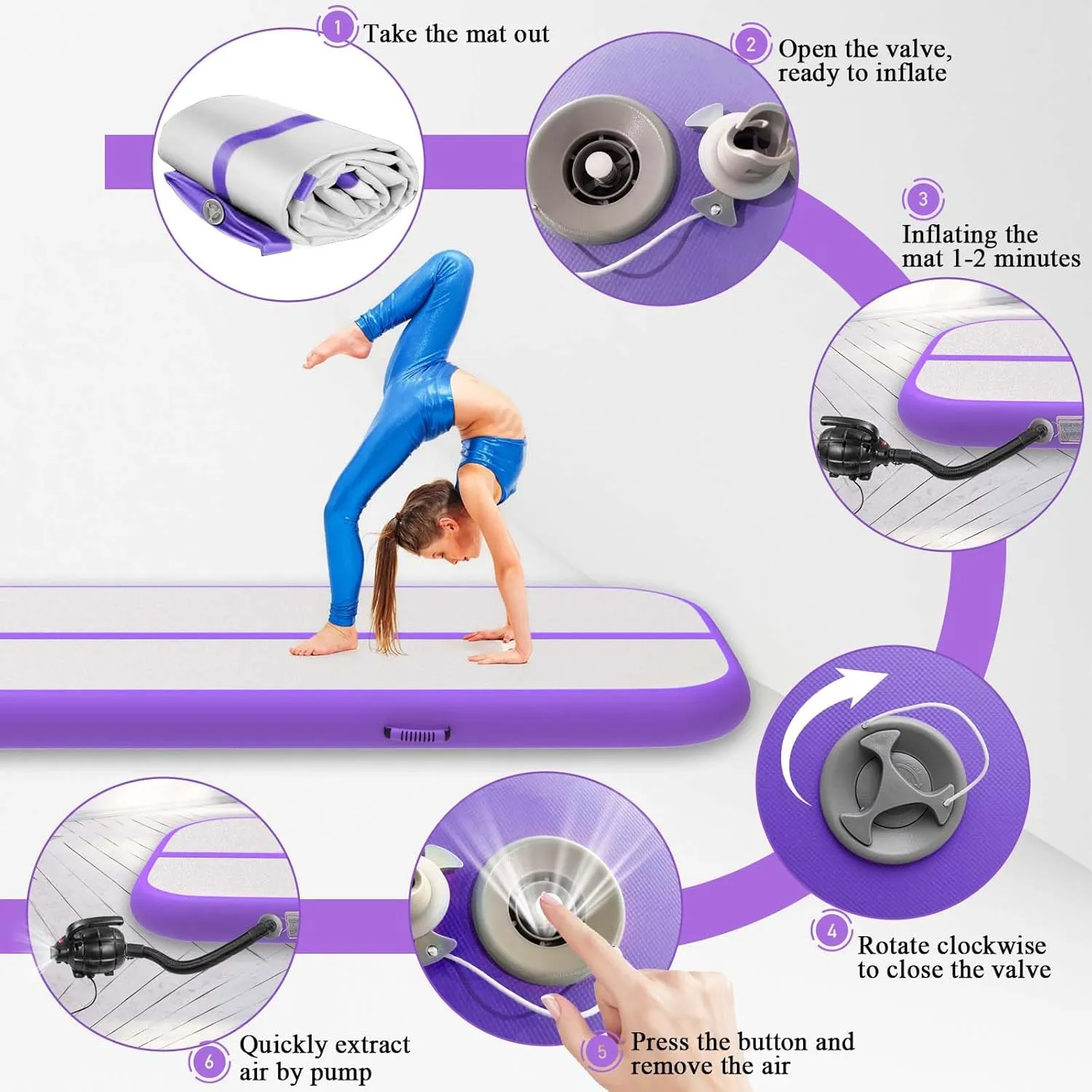 Estgora Tumble Track Mats For Gymnastics 20ft 16ft 13ft 10ft 6.6ft Gymnastics Mat For Tumbling 4/8 Inch Thick Inflatable Air Tumbling Matts For kids Home Use Pool Cheerleading with 600W Electric Pump