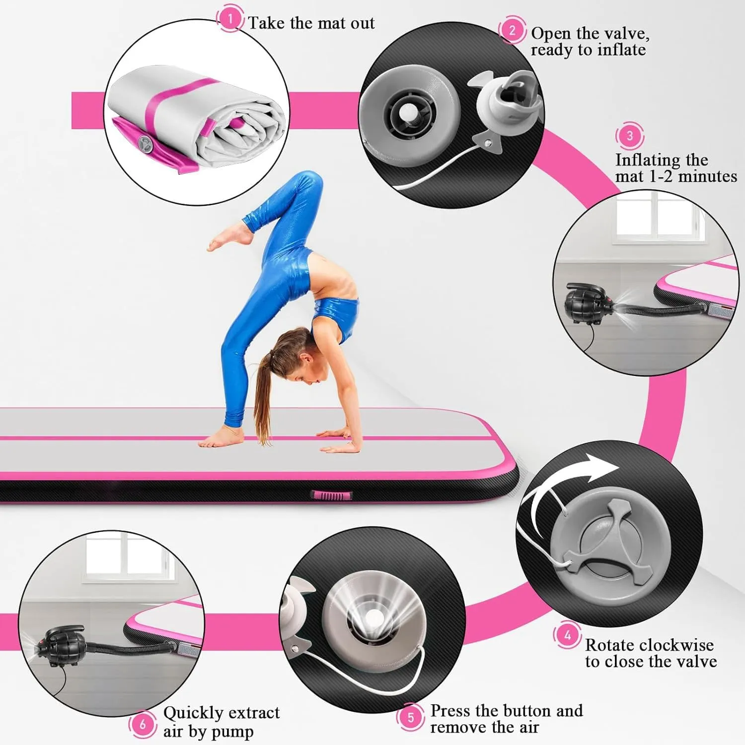 Estgora Tumble Track Mats For Gymnastics 20ft 16ft 13ft 10ft 6.6ft Gymnastics Mat For Tumbling 4/8 Inch Thick Inflatable Air Tumbling Matts For kids Home Use Pool Cheerleading with 600W Electric Pump