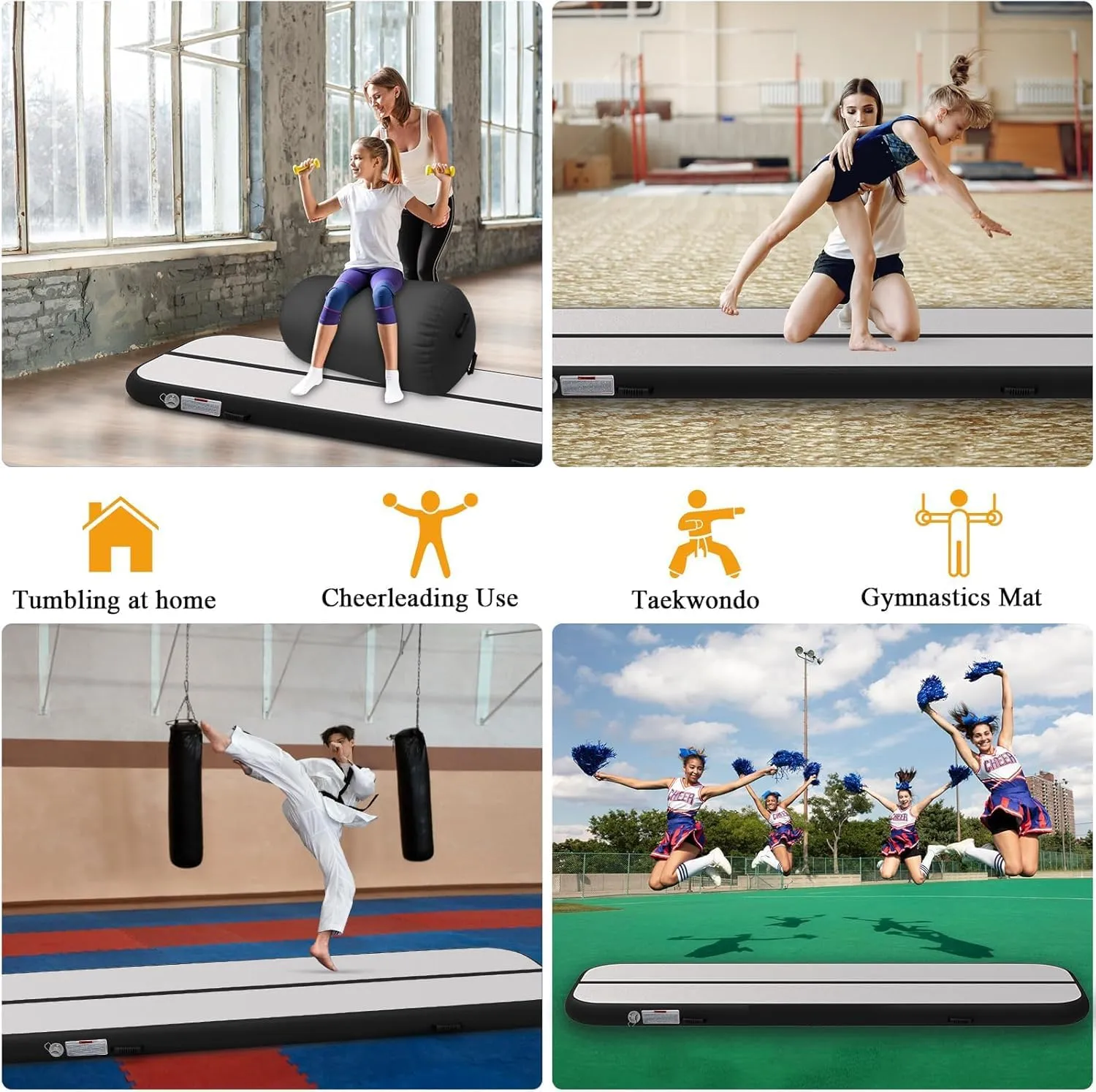Estgora Tumble Track Mats For Gymnastics 20ft 16ft 13ft 10ft 6.6ft Gymnastics Mat For Tumbling 4/8 Inch Thick Inflatable Air Tumbling Matts For kids Home Use Pool Cheerleading with 600W Electric Pump