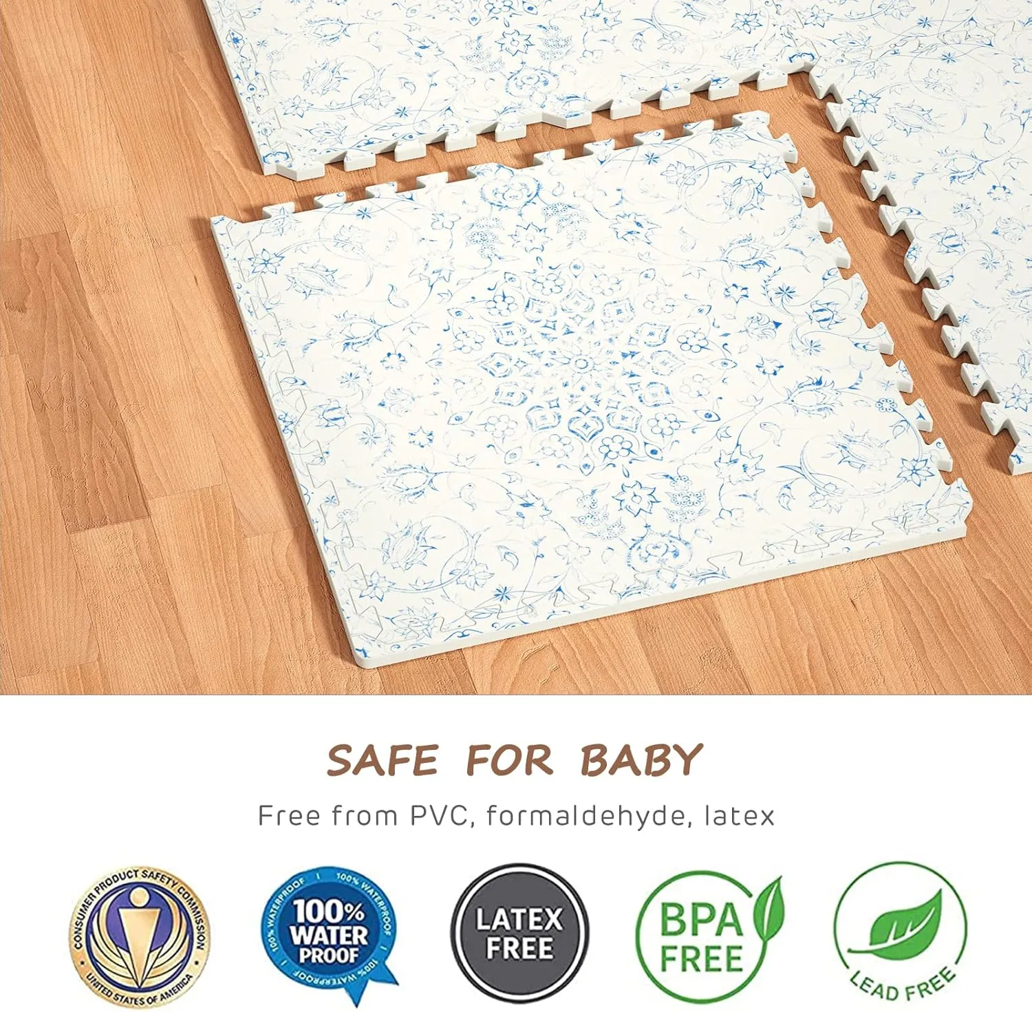 Extra Large Baby Play Mat - 4FT x 6FT Non-Toxic Foam Puzzle Floor Mat for Kids & Toddlers (Persia Handmade Pattern, Blue and White)