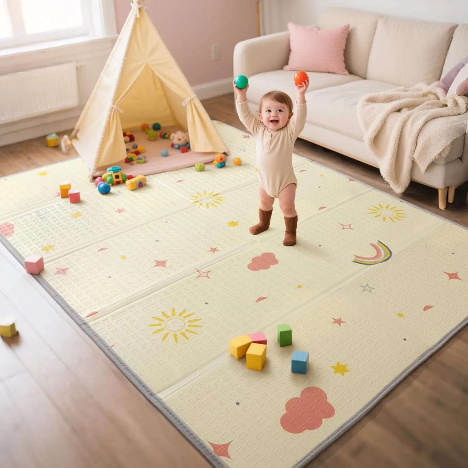 Extra Large Foldable Play Mat, Reversible Baby Play Mat with Edge Reinforcement, Non-Toxic & Waterproof Baby for Floor, Foam Playmat with Travel Bag, Rainbow, Cloud & Moon, 71"x59"