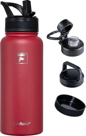 Fanhaw 32 oz Stainless Steel Insulated Water Bottle with 3 Lids (Straw, Spout and Carabiner Lid) - Wide Mouth Travel Thermal Mug (Red)