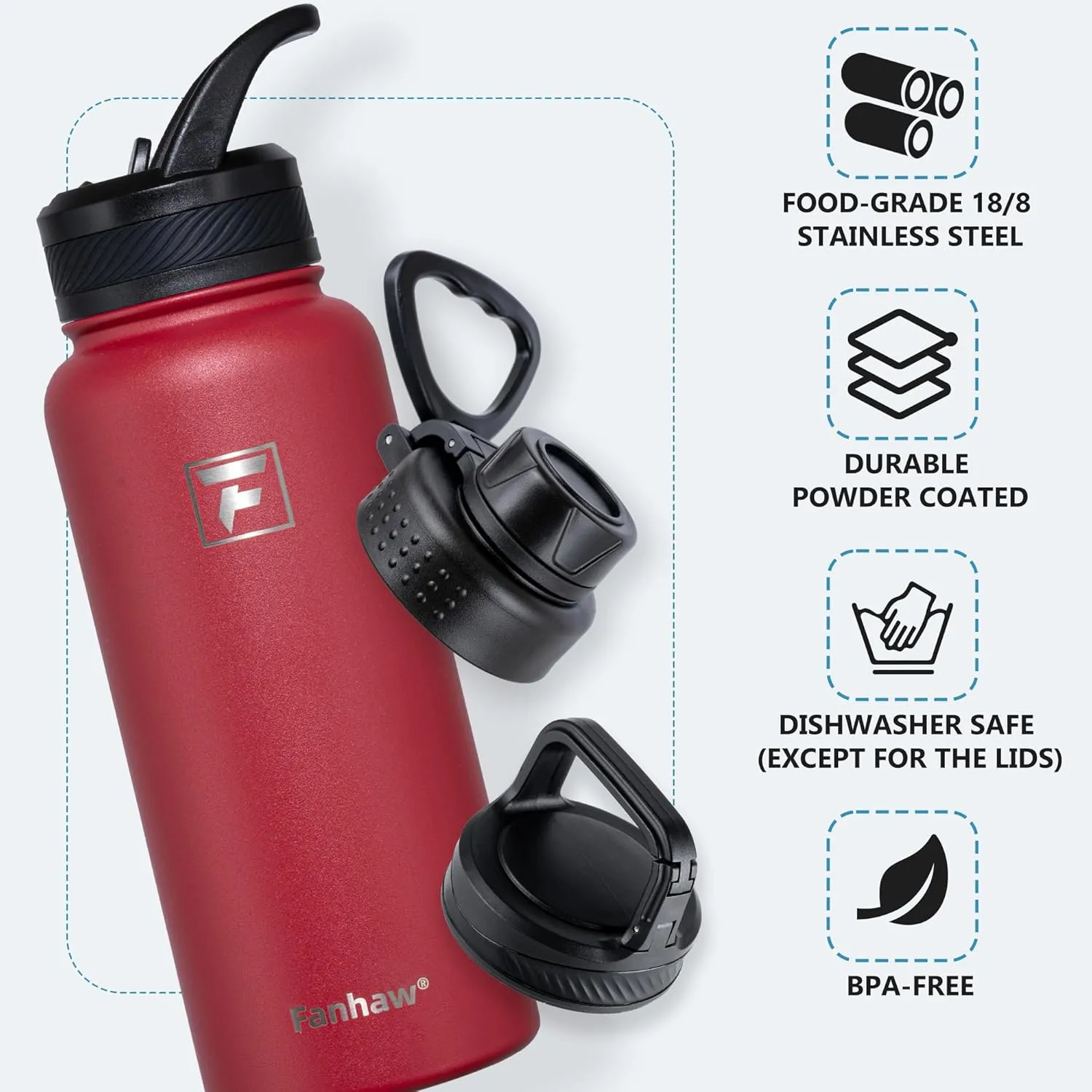 Fanhaw 32 oz Stainless Steel Insulated Water Bottle with 3 Lids (Straw, Spout and Carabiner Lid) - Wide Mouth Travel Thermal Mug (Red)