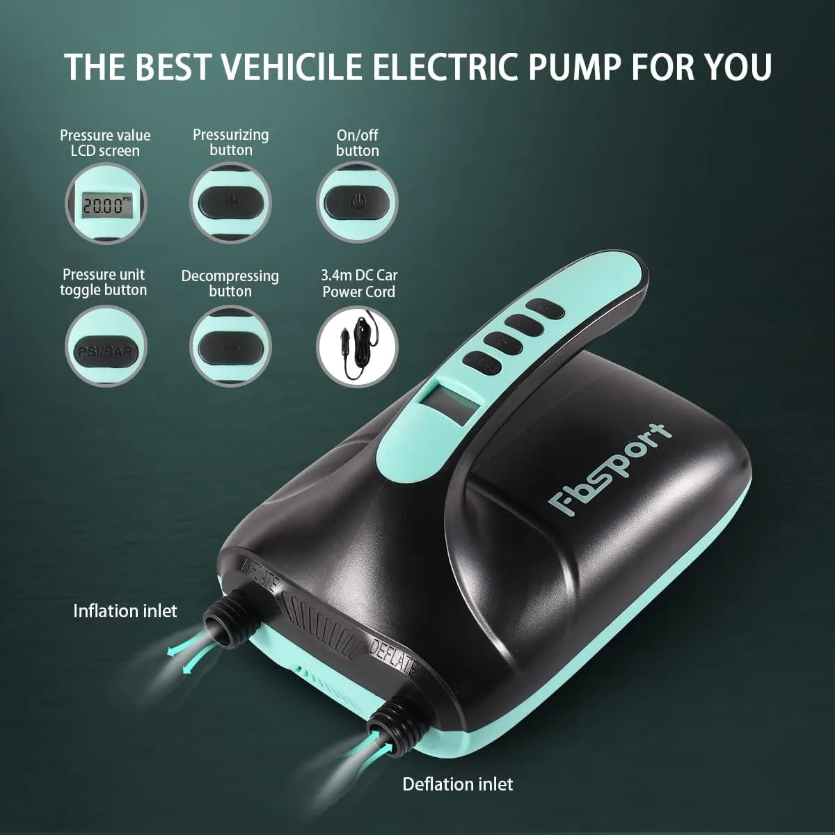 FBSPORT 20PSI High Pressure SUP Vehicle Electric Air Pump, Inflation Paddle Board Pump for Stand Up Paddle Boards, Inflation & Deflation Function Quick Air Inflator for Paddleboards