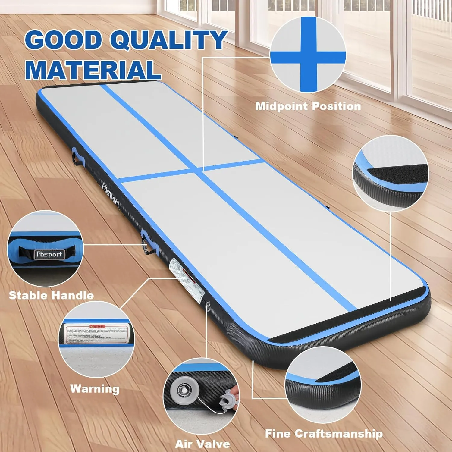 FBSPORT Inflatable Air Gymnastics Mat Training Mats 4/8 inches Thickness Gymnastics Tracks for Home Use/Training/Cheerleading/Yoga/Water with Pump