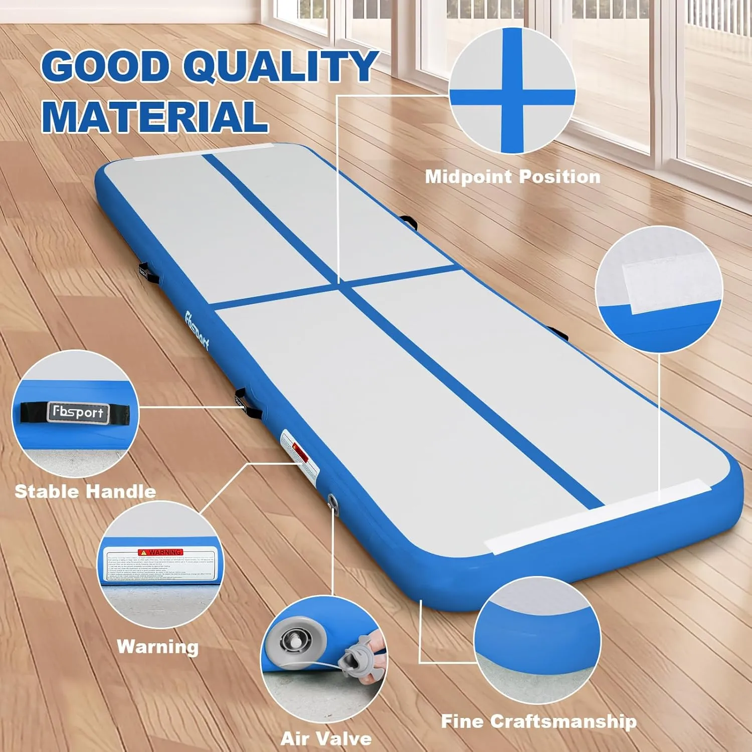 FBSPORT Inflatable Air Gymnastics Mat Training Mats 4/8 inches Thickness Gymnastics Tracks for Home Use/Training/Cheerleading/Yoga/Water with Pump