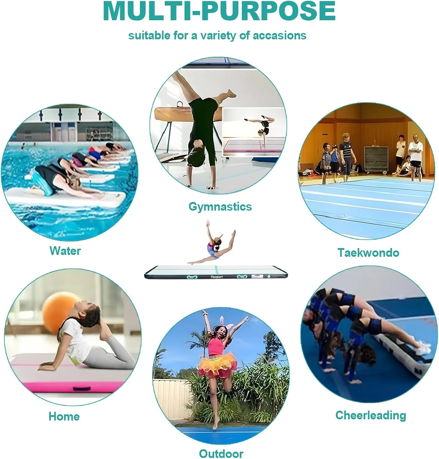 FBSPORT Inflatable Air Gymnastics Mat Training Mats 4/8 inches Thickness Gymnastics Tracks for Home Use/Training/Cheerleading/Yoga/Water with Pump
