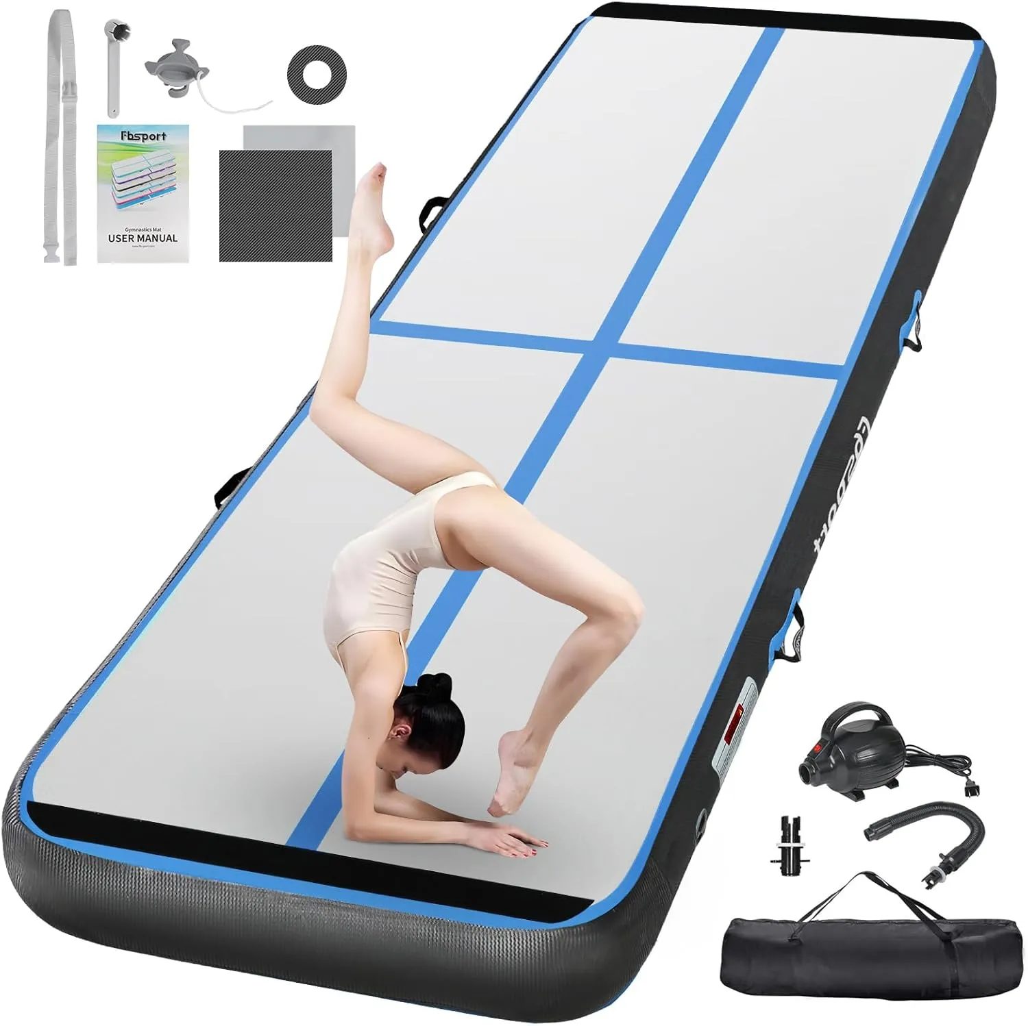 FBSPORT Inflatable Air Gymnastics Mat Training Mats 4/8 inches Thickness Gymnastics Tracks for Home Use/Training/Cheerleading/Yoga/Water with Pump
