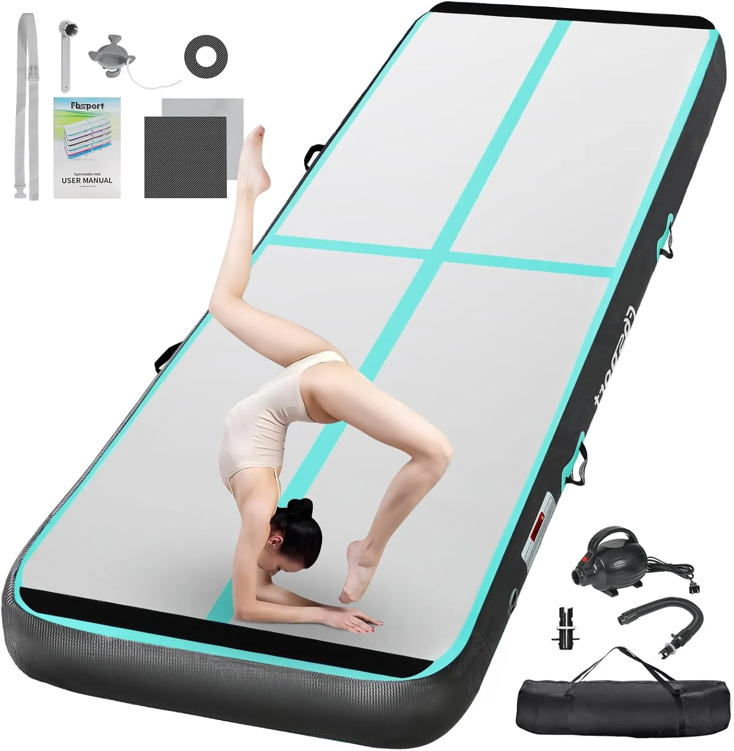 FBSPORT Inflatable Air Gymnastics Mat Training Mats 4/8 inches Thickness Gymnastics Tracks for Home Use/Training/Cheerleading/Yoga/Water with Pump