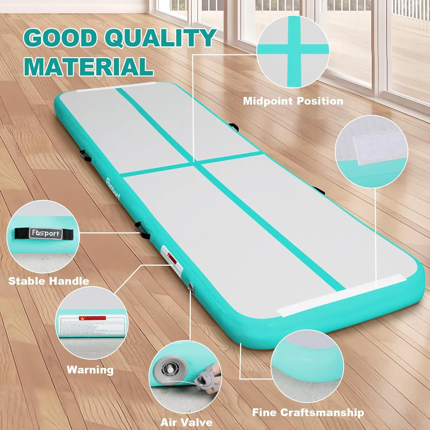 FBSPORT Inflatable Air Gymnastics Mat Training Mats 4/8 inches Thickness Gymnastics Tracks for Home Use/Training/Cheerleading/Yoga/Water with Pump