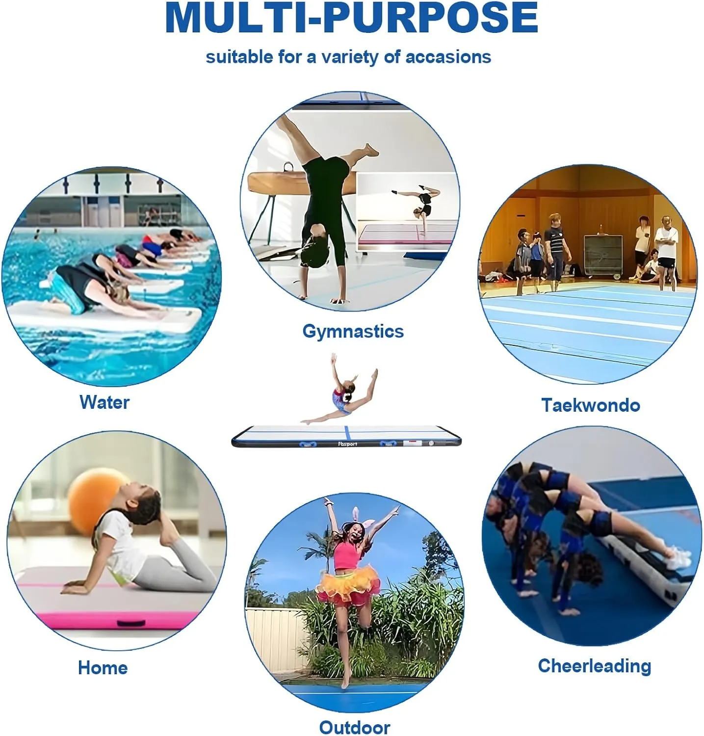 FBSPORT Inflatable Air Gymnastics Mat Training Mats 4/8 inches Thickness Gymnastics Tracks for Home Use/Training/Cheerleading/Yoga/Water with Pump
