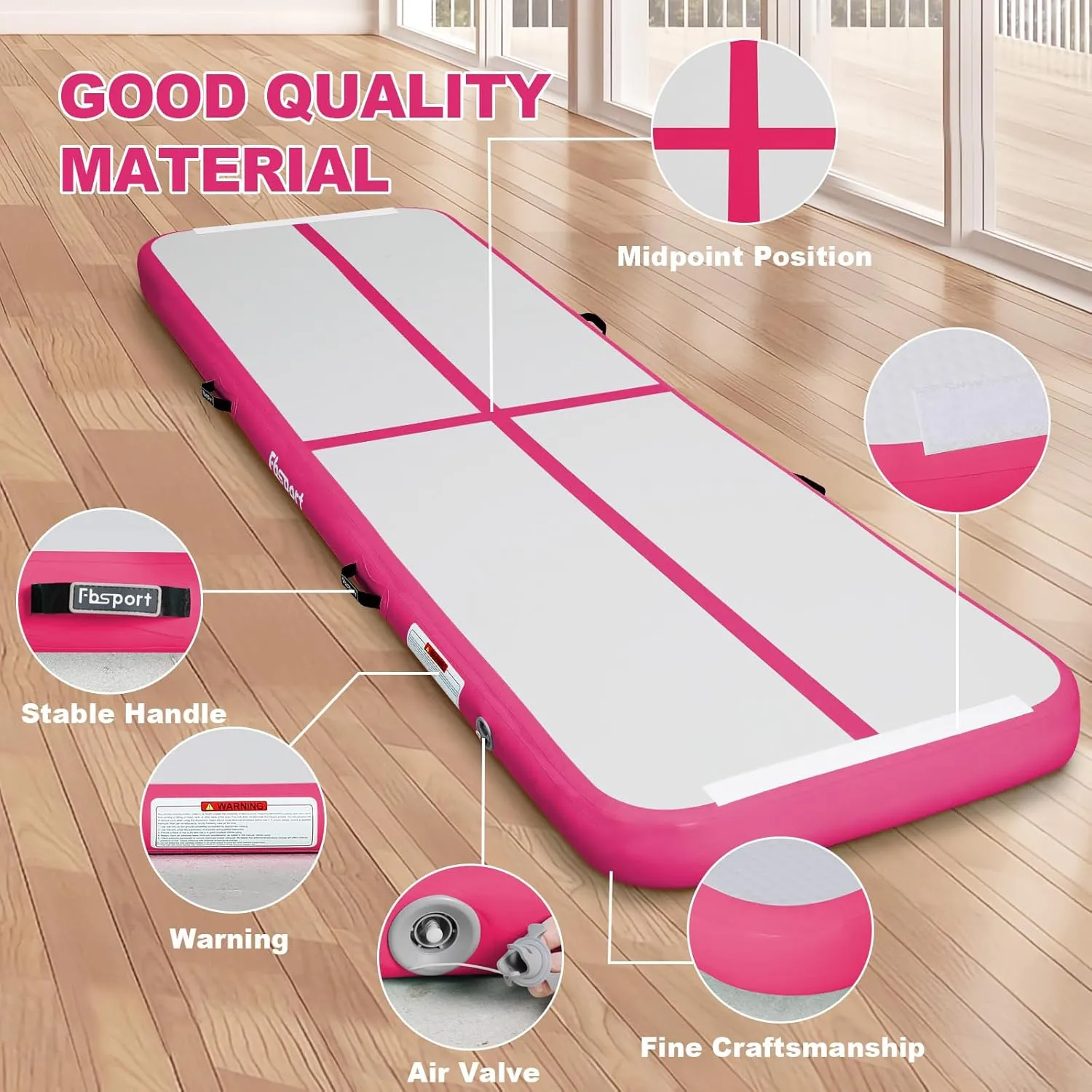 FBSPORT Inflatable Air Gymnastics Mat Training Mats 4/8 inches Thickness Gymnastics Tracks for Home Use/Training/Cheerleading/Yoga/Water with Pump