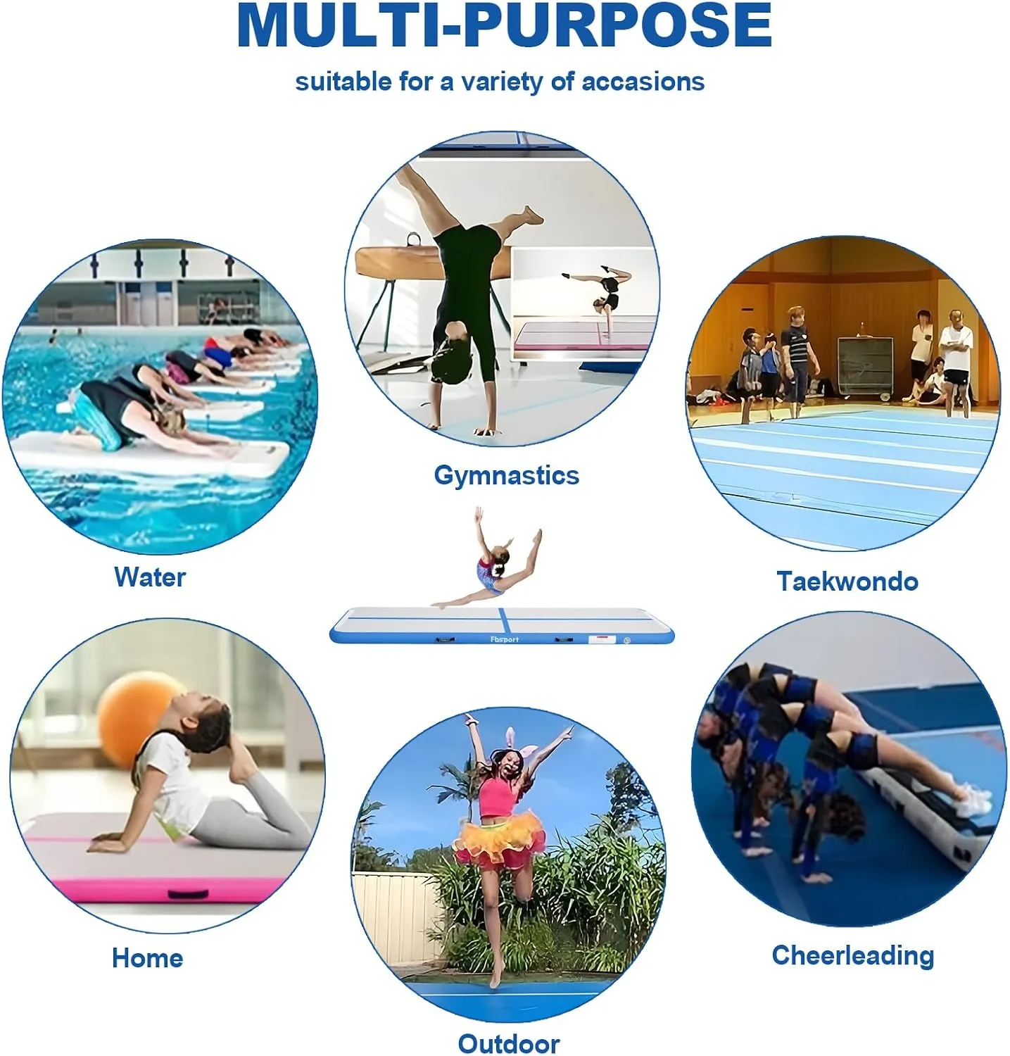 FBSPORT Inflatable Air Gymnastics Mat Training Mats 4/8 inches Thickness Gymnastics Tracks for Home Use/Training/Cheerleading/Yoga/Water with Pump