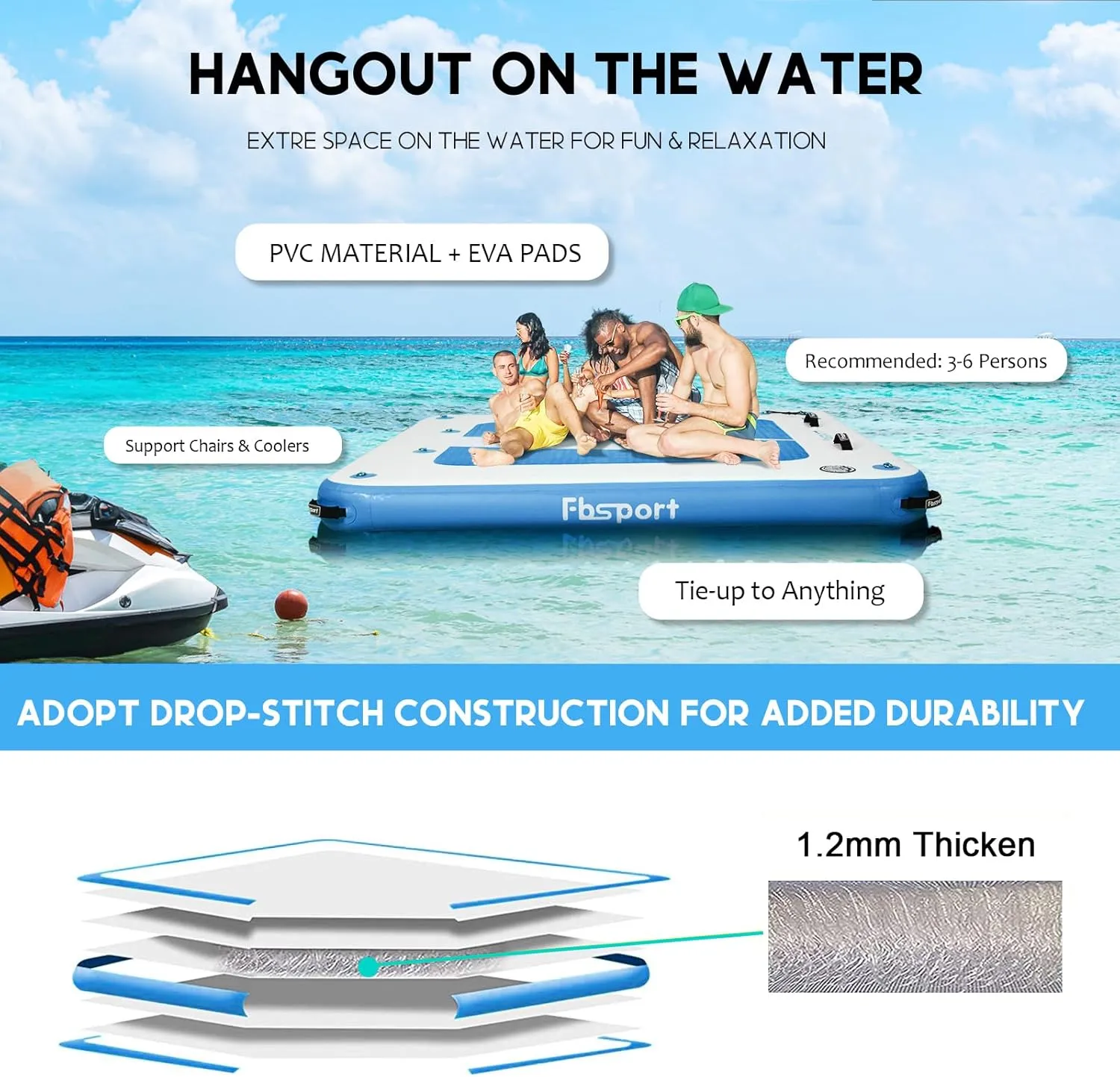 FBSPORT Inflatable Floating Dock, 10ft 8ft 6ft Inflatable Air Dock Platform Floating Island Raft with Non-Slip Surface, Inflatable Water Floating Dock Mat for Lake Pool Beach Ocean