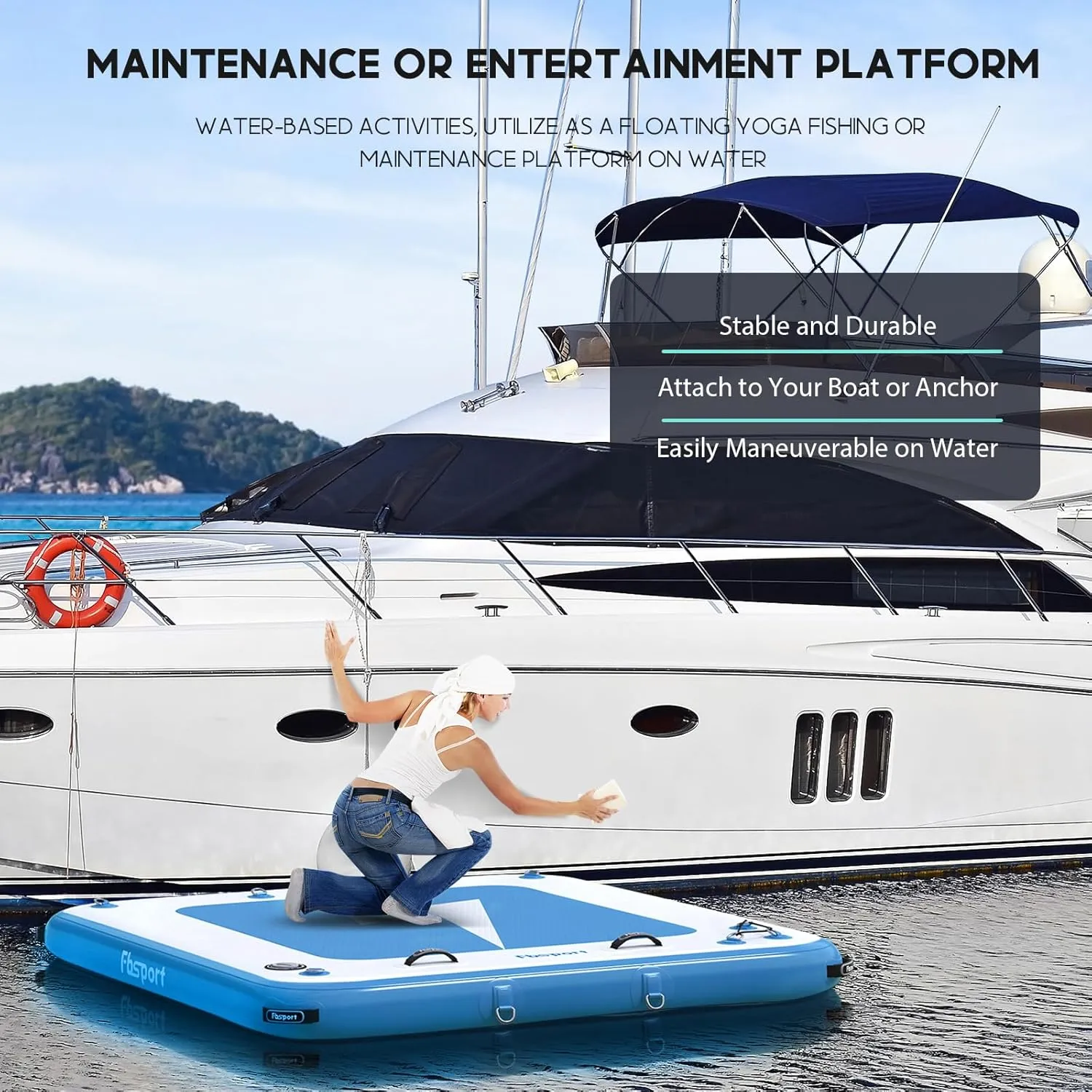 FBSPORT Inflatable Floating Dock, 10ft 8ft 6ft Inflatable Air Dock Platform Floating Island Raft with Non-Slip Surface, Inflatable Water Floating Dock Mat for Lake Pool Beach Ocean