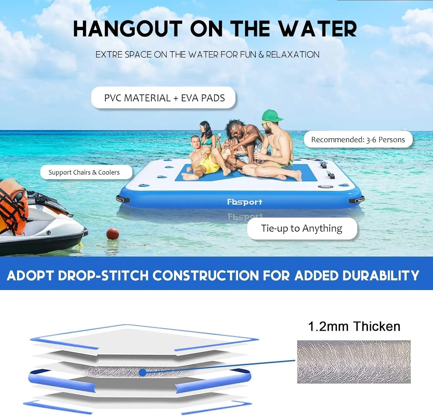 FBSPORT Inflatable Floating Dock, 8ft/6ft Inflatable Swim Platform Dock for Lake, Inflatable Water Floating Dock Mat with Non-Slip Surface, Floating Platform for Pool