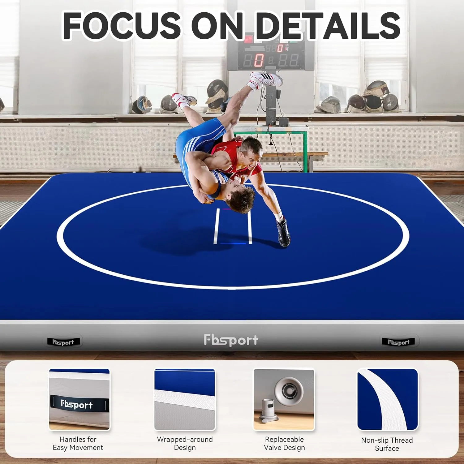 FBSPORT Inflatable Wrestling Mat 13ft /10ft /5ft, Outdoor and Indoor PVC Jiu Jitsu Mats, Gymnastics Training Mat Foldable for BJJ, MMA, Martial Art, Boxing, Grappling and Judo