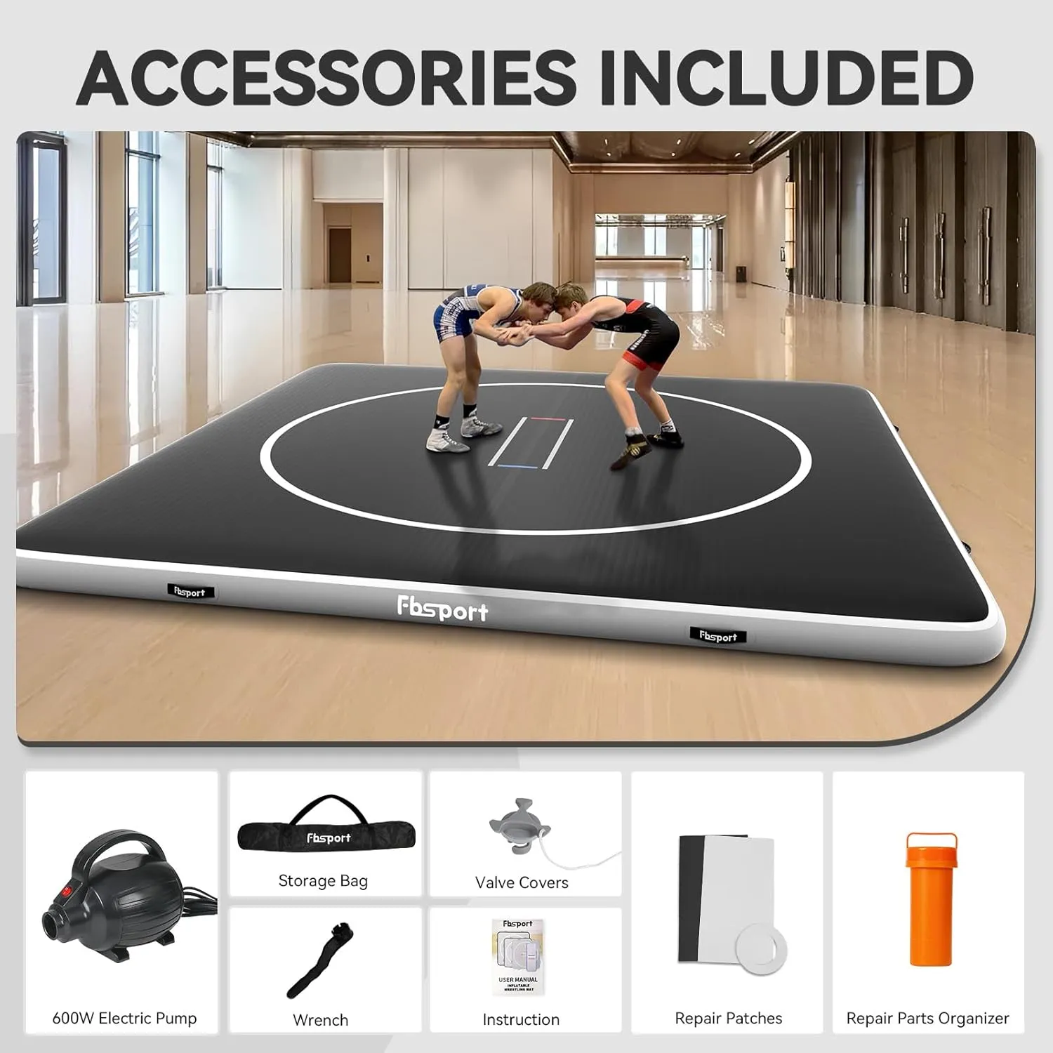 FBSPORT Inflatable Wrestling Mat 13ft /10ft /5ft, Outdoor and Indoor PVC Jiu Jitsu Mats, Gymnastics Training Mat Foldable for BJJ, MMA, Martial Art, Boxing, Grappling and Judo