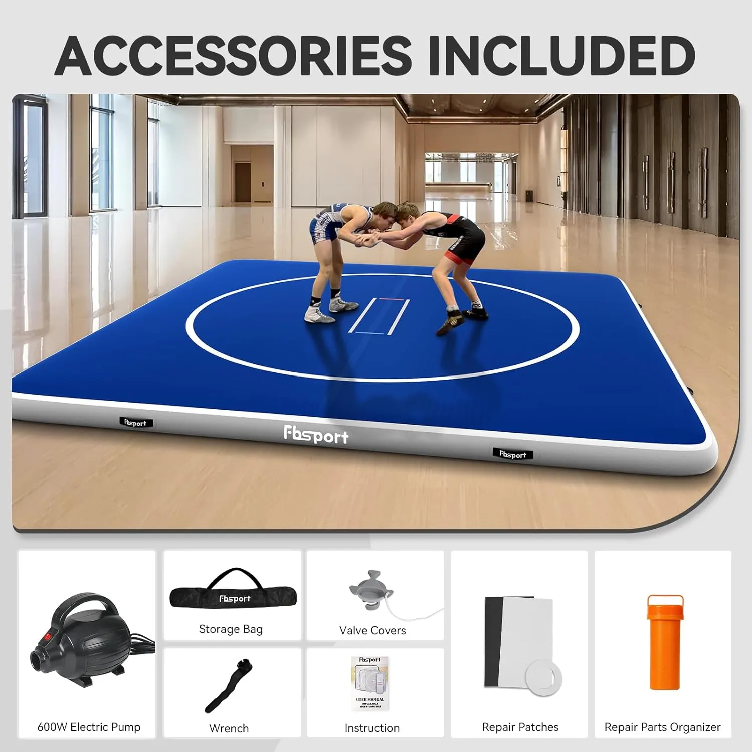 FBSPORT Inflatable Wrestling Mat 13ft /10ft /5ft, Outdoor and Indoor PVC Jiu Jitsu Mats, Gymnastics Training Mat Foldable for BJJ, MMA, Martial Art, Boxing, Grappling and Judo