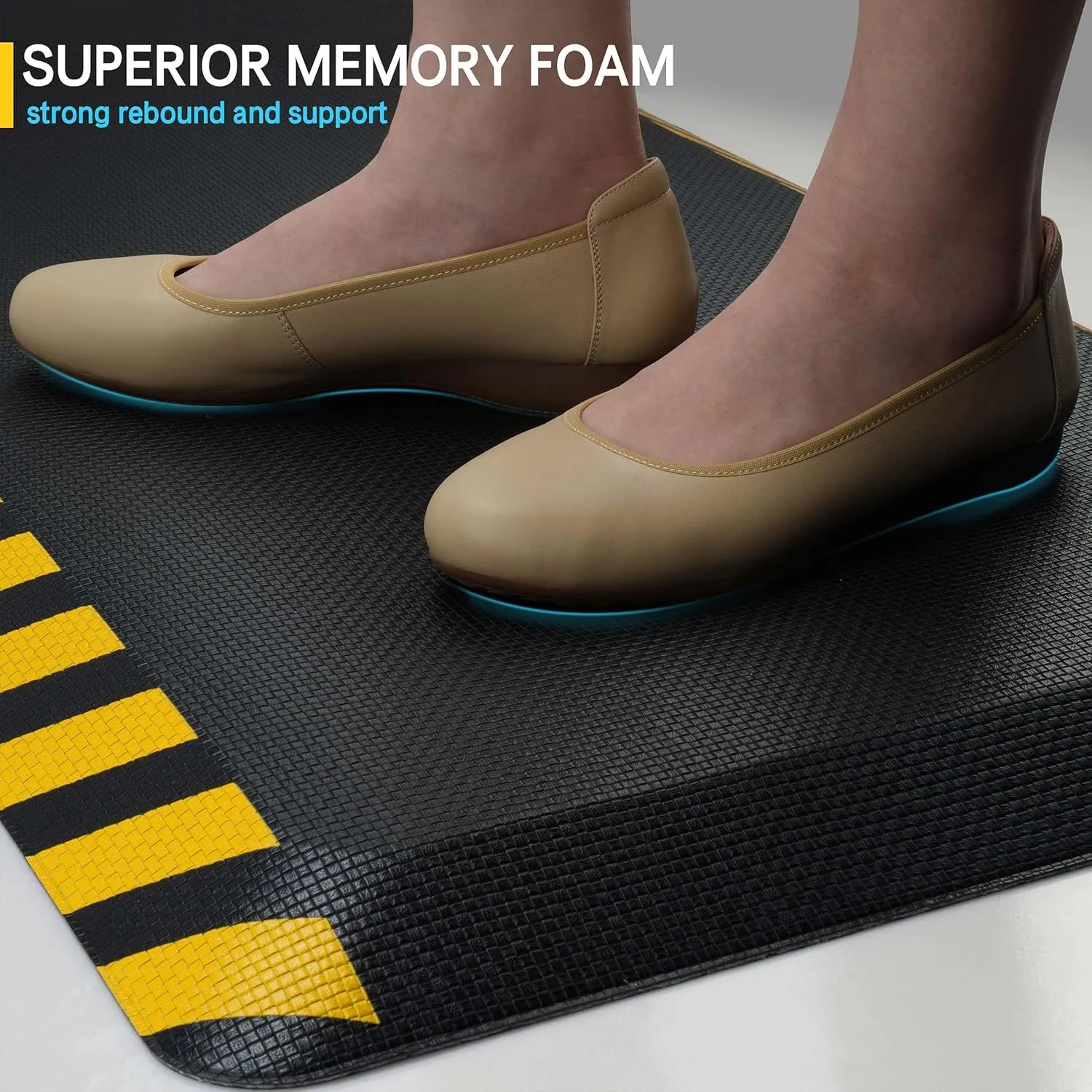 FEATOL Anti Fatigue Mats Industrial, Ergonomic Standing Floor Mat for Work for Stand, Black with Yellow Border Safety 20" x 39"-Support for Leg & Back Pain