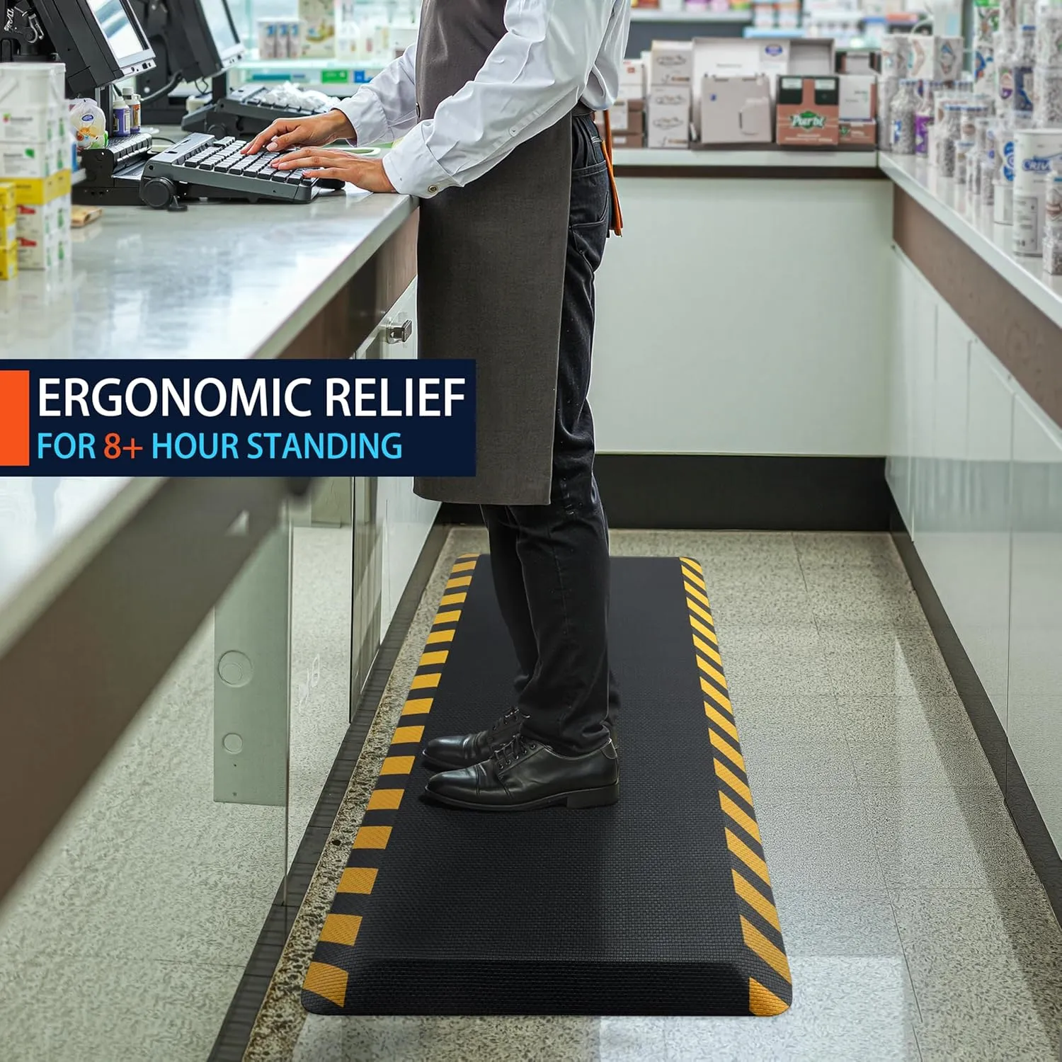 FEATOL Anti Fatigue Mats Industrial, Ergonomic Standing Floor Mat for Work for Stand, Black with Yellow Border Safety 20" x 39"-Support for Leg & Back Pain