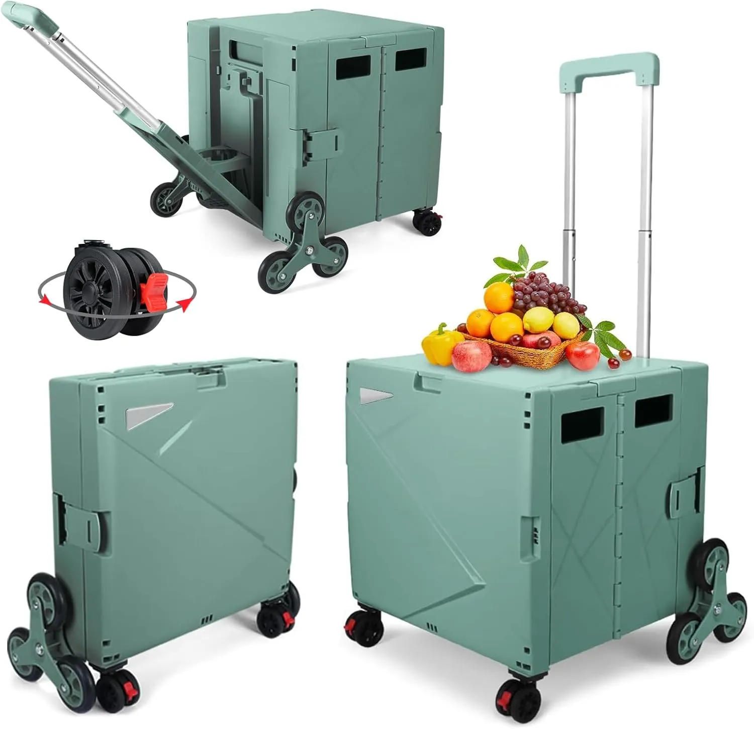 FELICON Folding Climber Utility Cart Rolling Crate Tote on Rotate Wheels with Adjustable Handle Hidden Lid Cup Holder Storage Toolbox for Teacher Office Move Shop Travel Laundry Grocery(Dark Green)