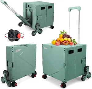 FELICON Folding Climber Utility Cart Rolling Crate Tote on Rotate Wheels with Adjustable Handle Hidden Lid Cup Holder Storage Toolbox for Teacher Office Move Shop Travel Laundry Grocery(Dark Green)