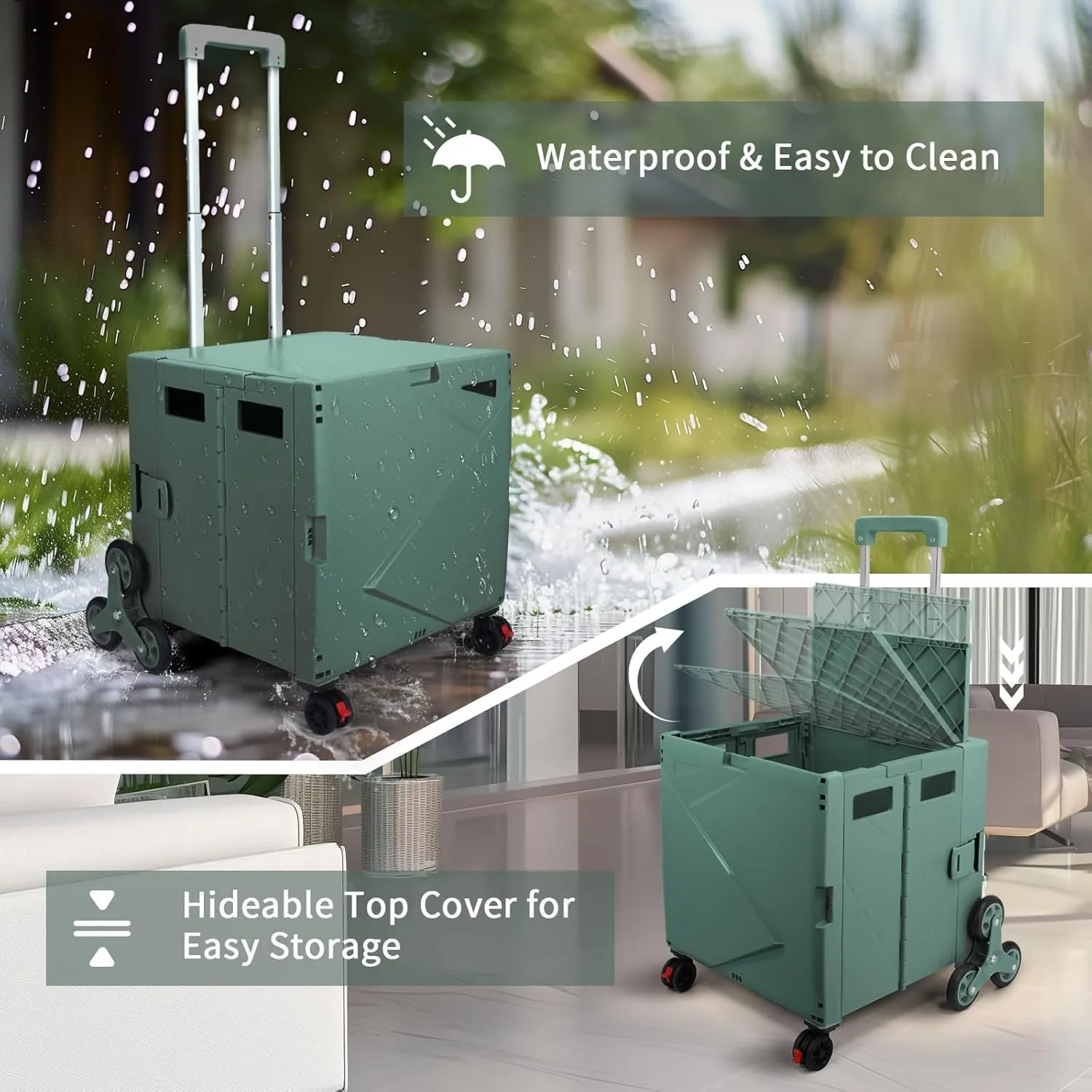 FELICON Folding Climber Utility Cart Rolling Crate Tote on Rotate Wheels with Adjustable Handle Hidden Lid Cup Holder Storage Toolbox for Teacher Office Move Shop Travel Laundry Grocery(Dark Green)