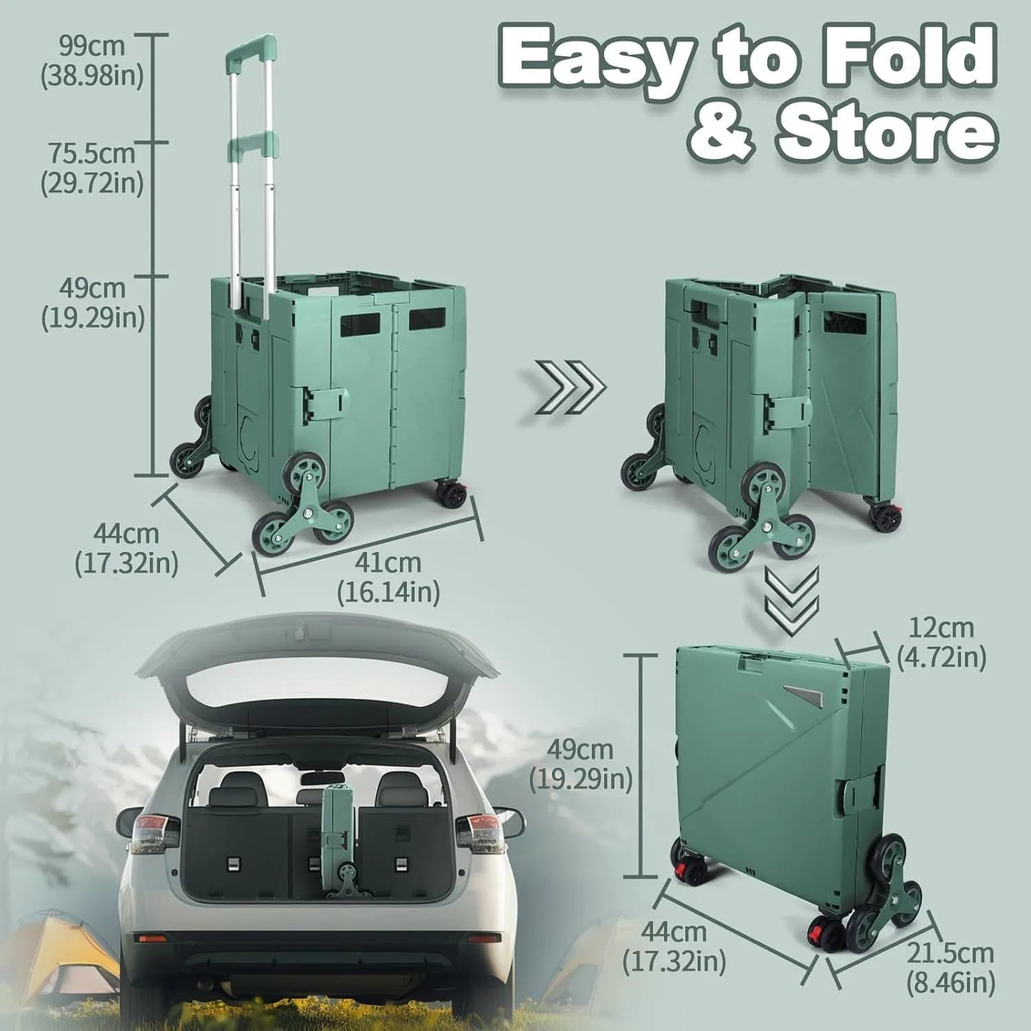 FELICON Folding Climber Utility Cart Rolling Crate Tote on Rotate Wheels with Adjustable Handle Hidden Lid Cup Holder Storage Toolbox for Teacher Office Move Shop Travel Laundry Grocery(Dark Green)