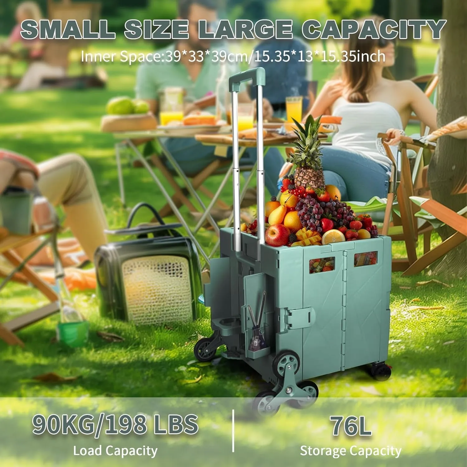 FELICON Folding Climber Utility Cart Rolling Crate Tote on Rotate Wheels with Adjustable Handle Hidden Lid Cup Holder Storage Toolbox for Teacher Office Move Shop Travel Laundry Grocery(Dark Green)