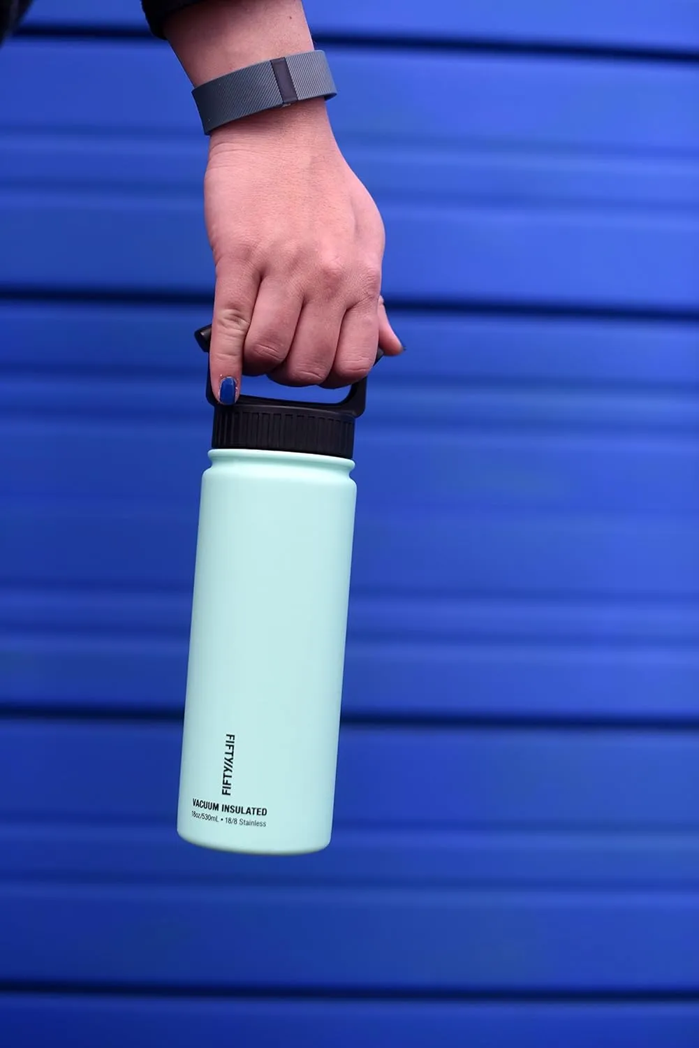 Fifty/Fifty 40oz, Sport Double Wall Vacuum Insulated Water Bottle, Stainless Steel, 3 Finger Cap w/ Wide Mouth, Navy, Navy, 40 oz.