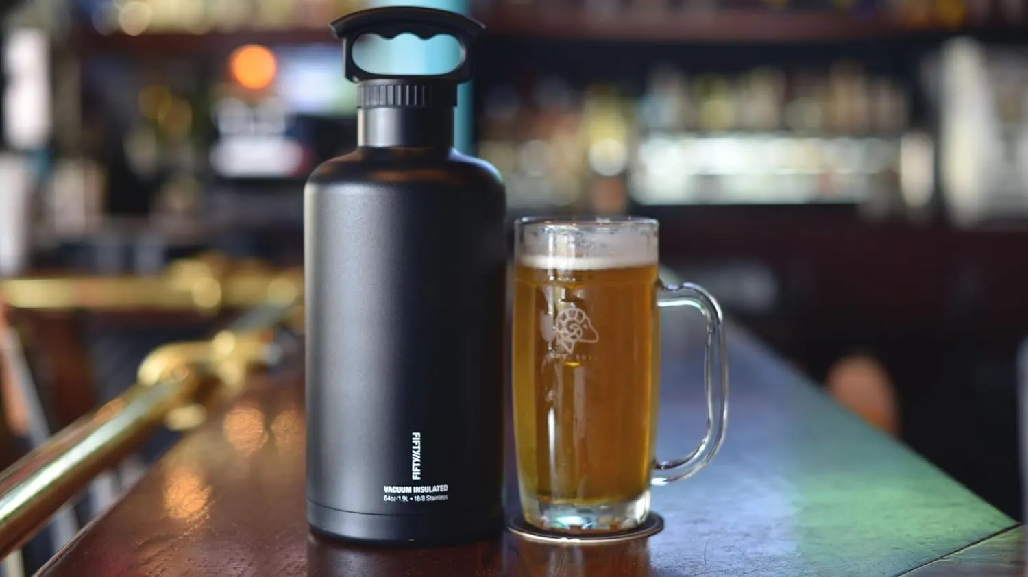 FIFTY/FIFTY Growler, Double Wall Vacuum Insulated Water Bottle, Stainless Steel, 3 Finger Cap w/Standard Top, 64oz/1.9L